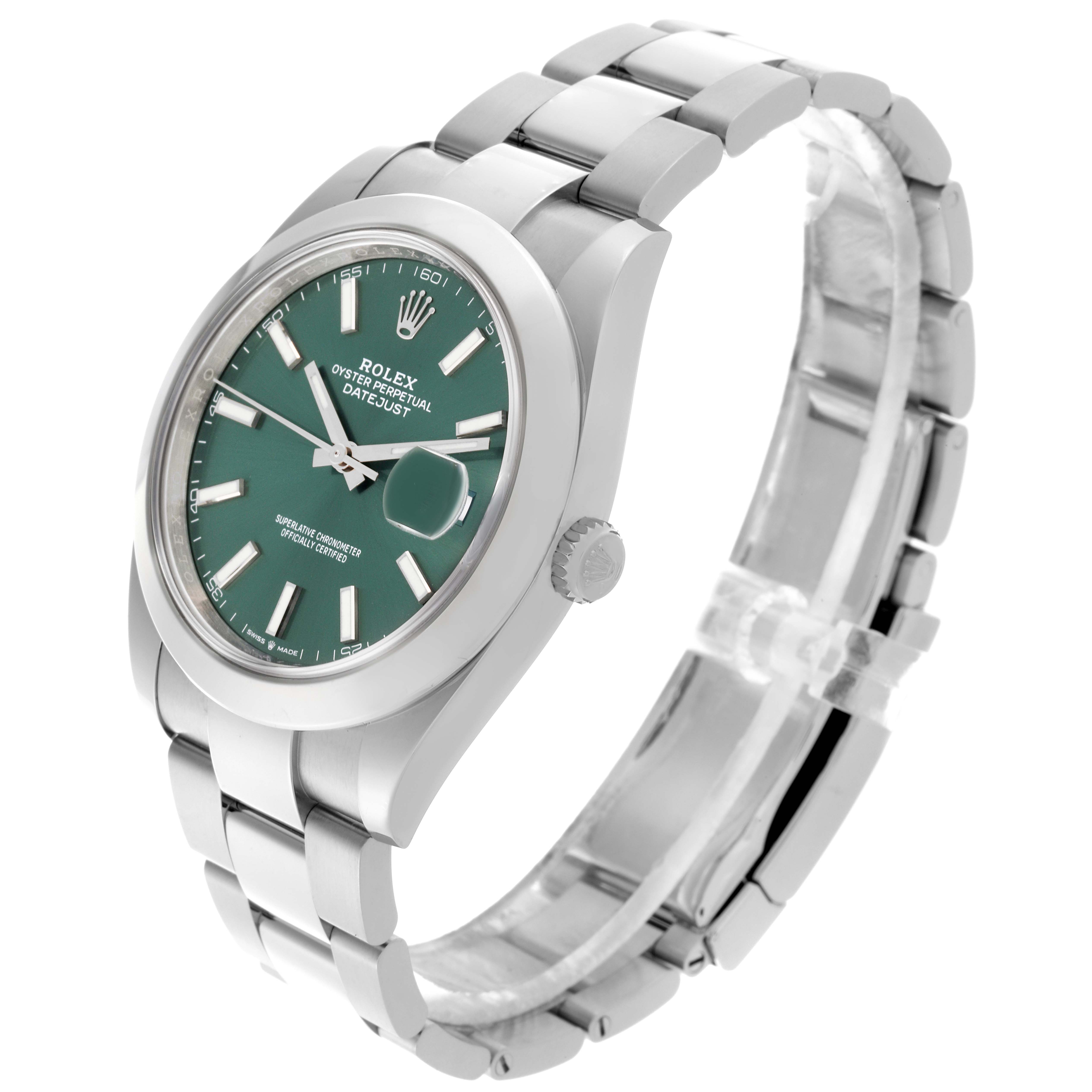 The Rolex Datejust 41 126300 Men's Stainless Steel Green Dial 126300 Men's Stainless Steel Green Dial is shown at a three-quarter angle displaying the face, bezel, crown, and bracelet.