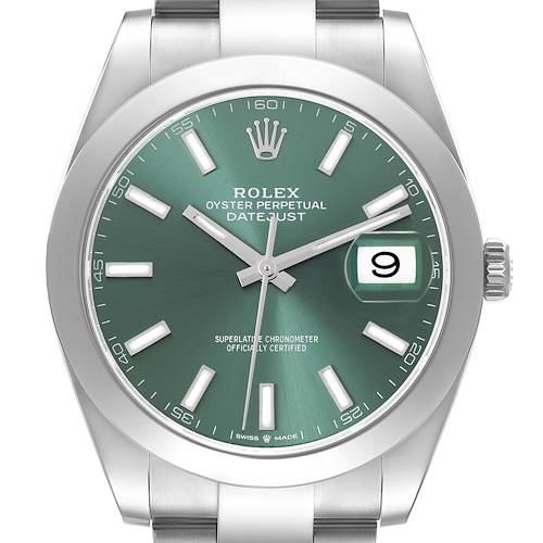 The Rolex Datejust 41 is shown from the front, highlighting its green dial, hour markers, hands, date, and crown.