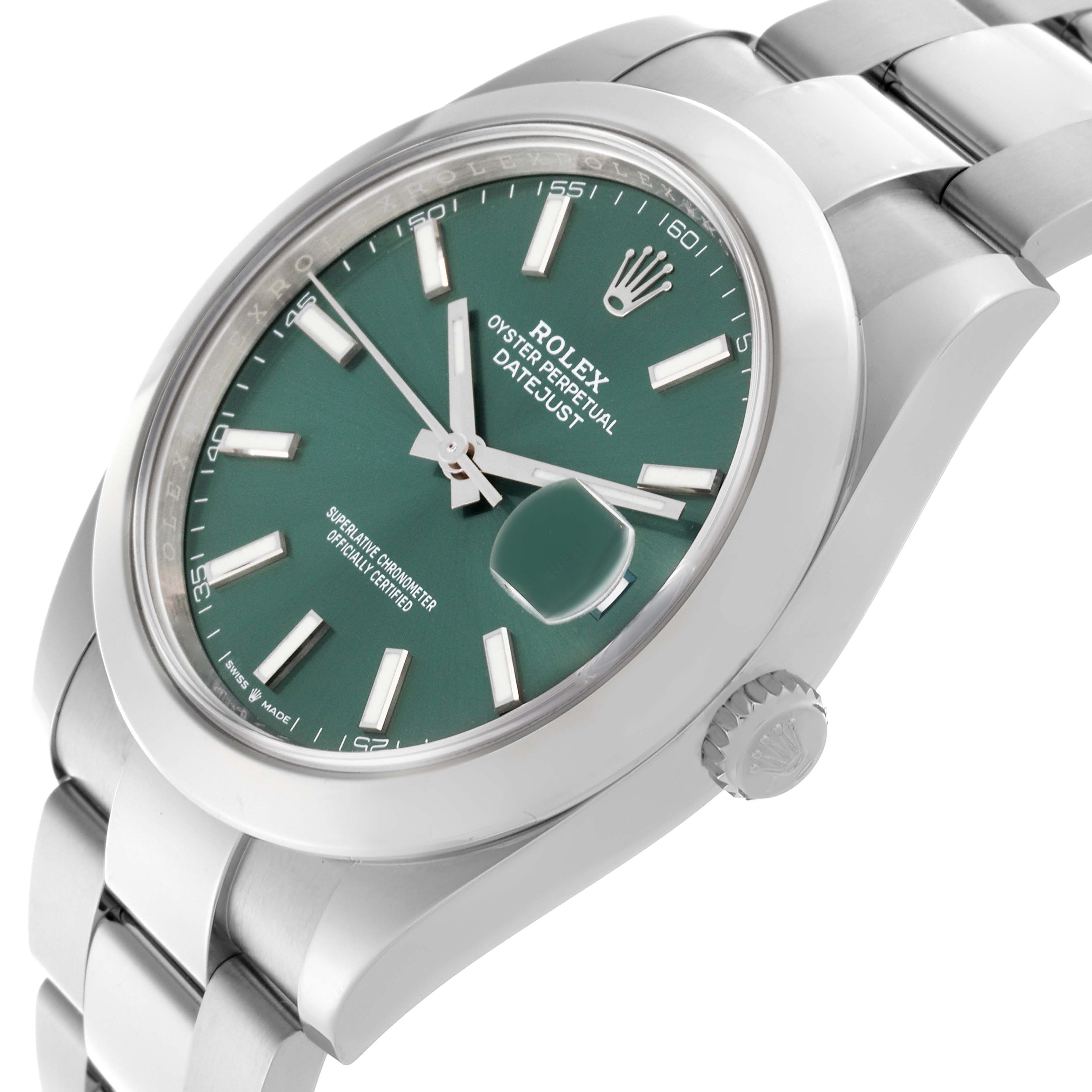 The Rolex Datejust 41 126300 Men's Stainless Steel Green Dial 126300 Men's Stainless Steel Green Dial model is shown from an angled close-up, displaying the dial, bezel, crown, and part of the bracelet.