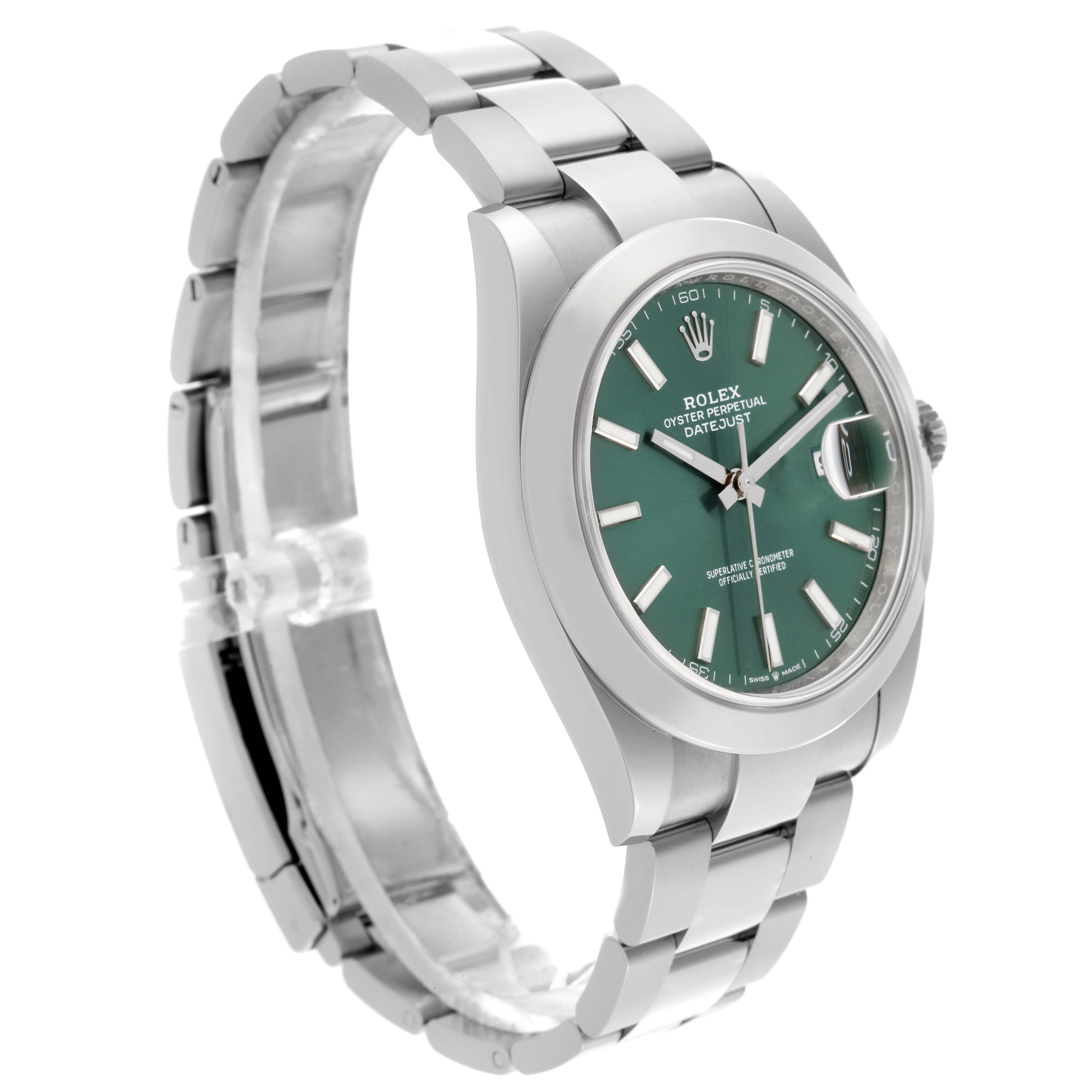 The Rolex Datejust 41 126300 Men's Stainless Steel Green Dial 126300 Men's Stainless Steel Green Dial is shown from a side angle, highlighting the green dial, case, and bracelet.