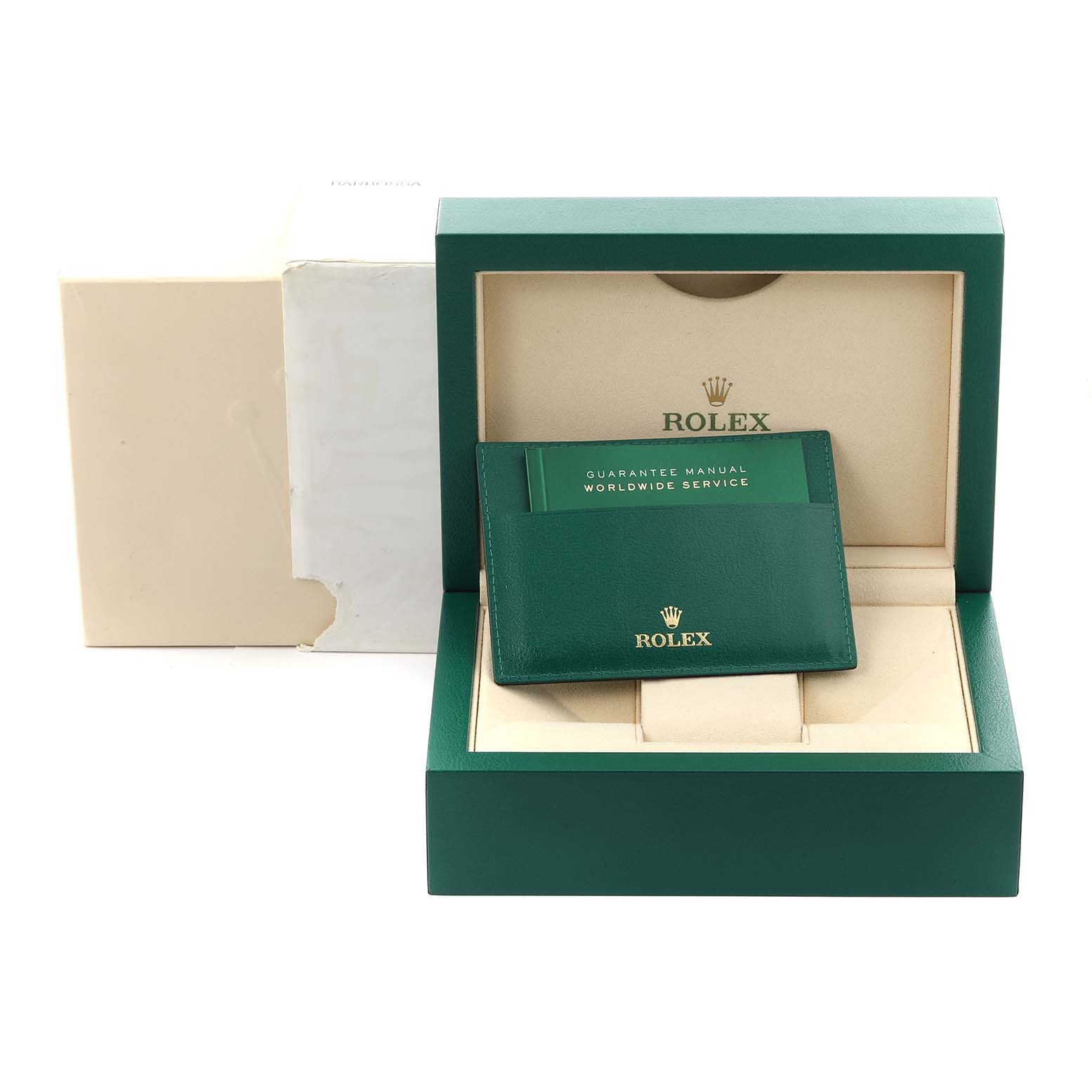The image shows a Rolex Datejust 41 126300 Men's Stainless Steel Green Dial 126300 Men's Stainless Steel Green Dial box with guarantee manual and card holder, viewed from the front.