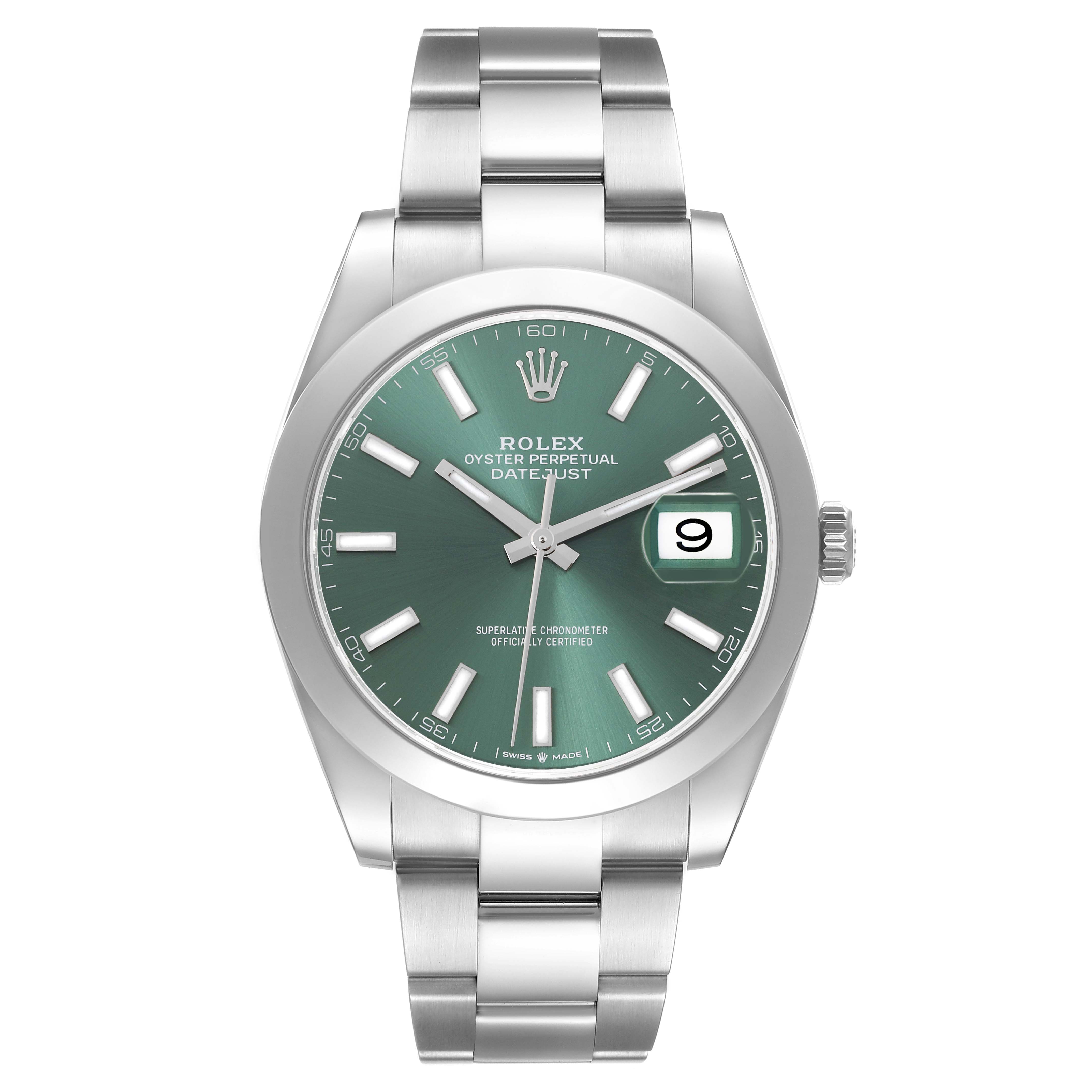 The Rolex Datejust 41 126300 Men's Stainless Steel Green Dial 126300 Men's Stainless Steel Green Dial is shown from the front, displaying its dial, hands, bezel, and bracelet.