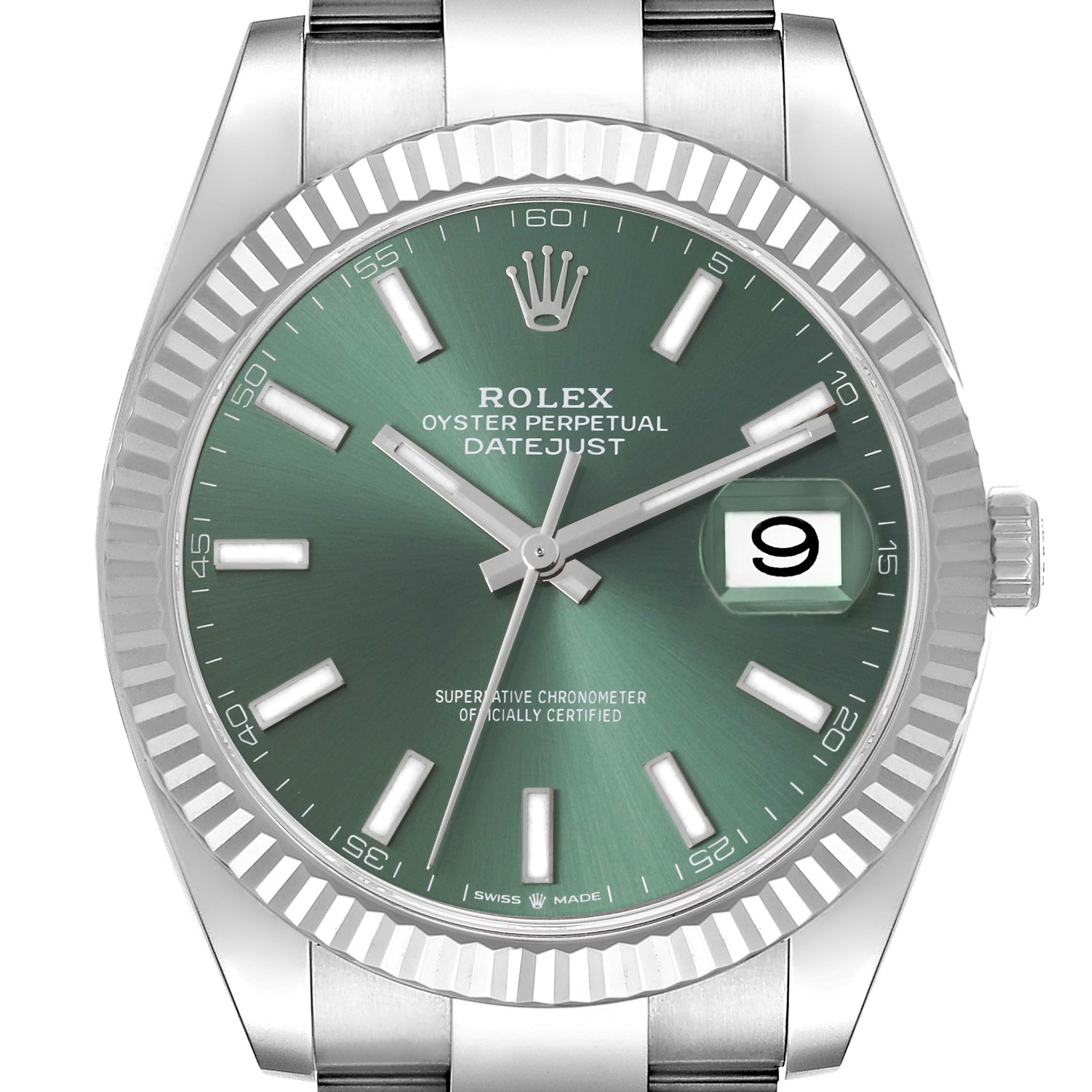 The Rolex Datejust 41 126334 Men's Stainless Steel Green Dial 126334 Men's Stainless Steel Green Dial watch is shown from a front angle, featuring the green dial and fluted bezel.