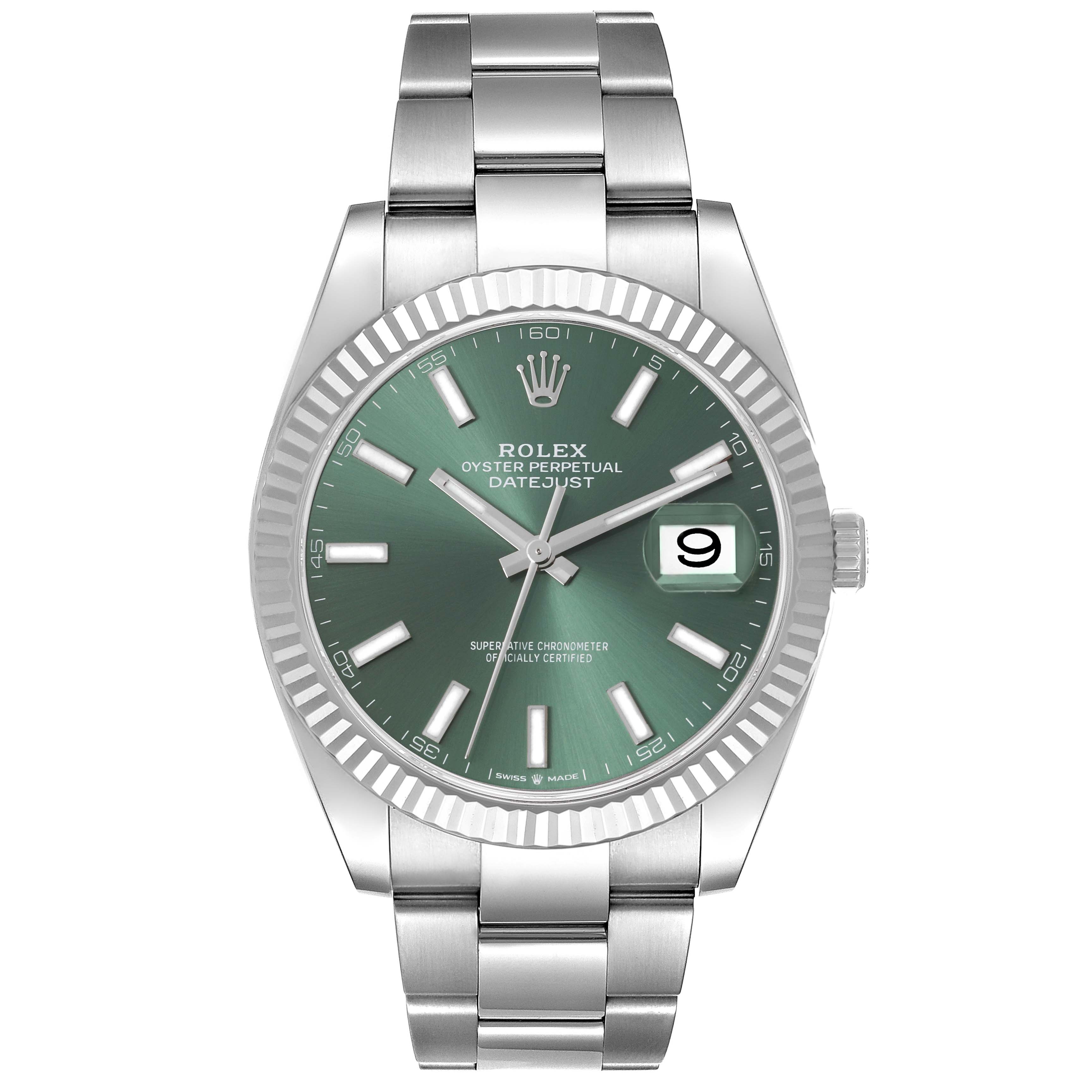 The Rolex Datejust 41 126334 Men's Stainless Steel Green Dial 126334 Men's Stainless Steel Green Dial is shown from the front, displaying the dial, fluted bezel, and bracelet.