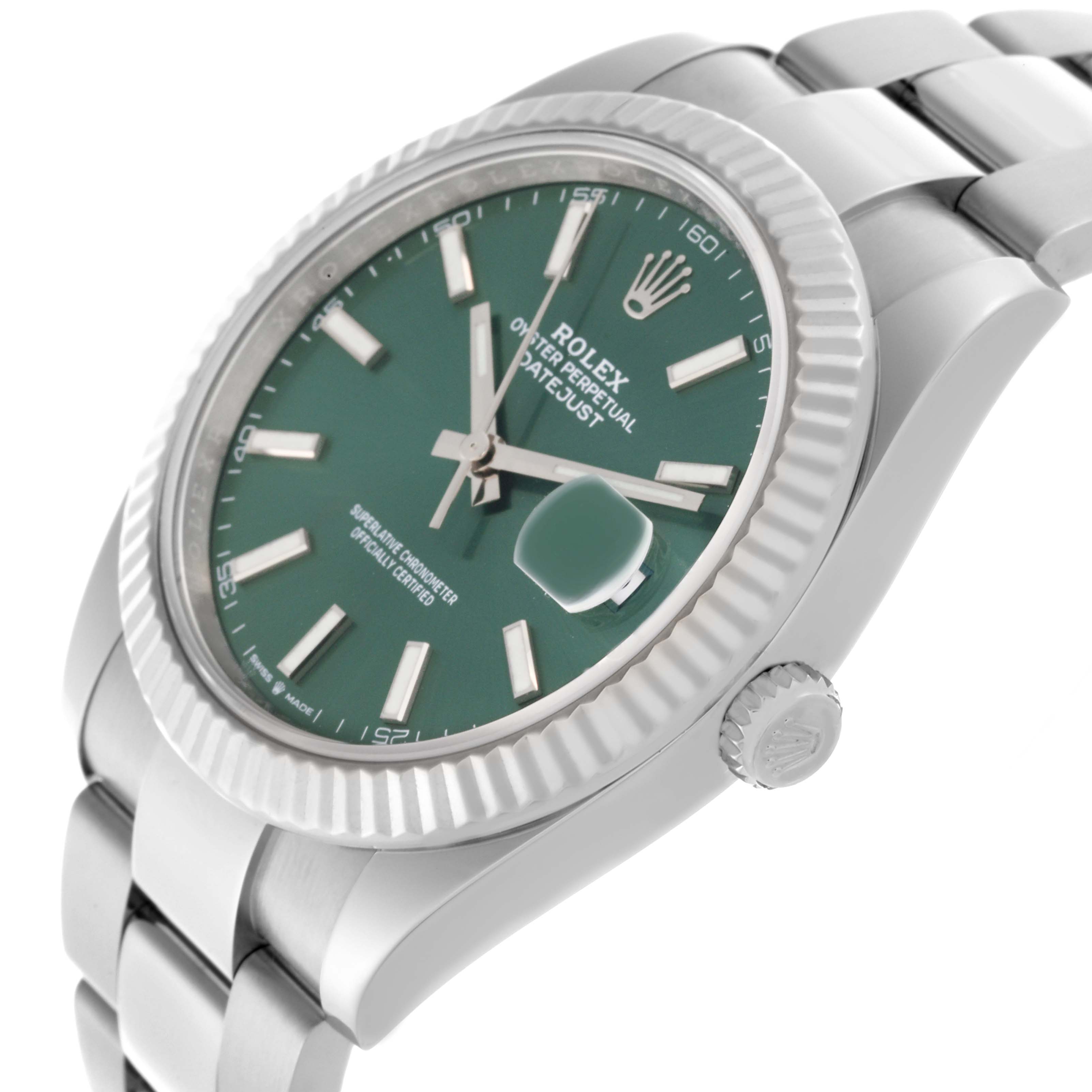 The Rolex Datejust 41 126334 Men's Stainless Steel Green Dial 126334 Men's Stainless Steel Green Dial is shown at a slight angle, highlighting the green dial, fluted bezel, and part of the bracelet.