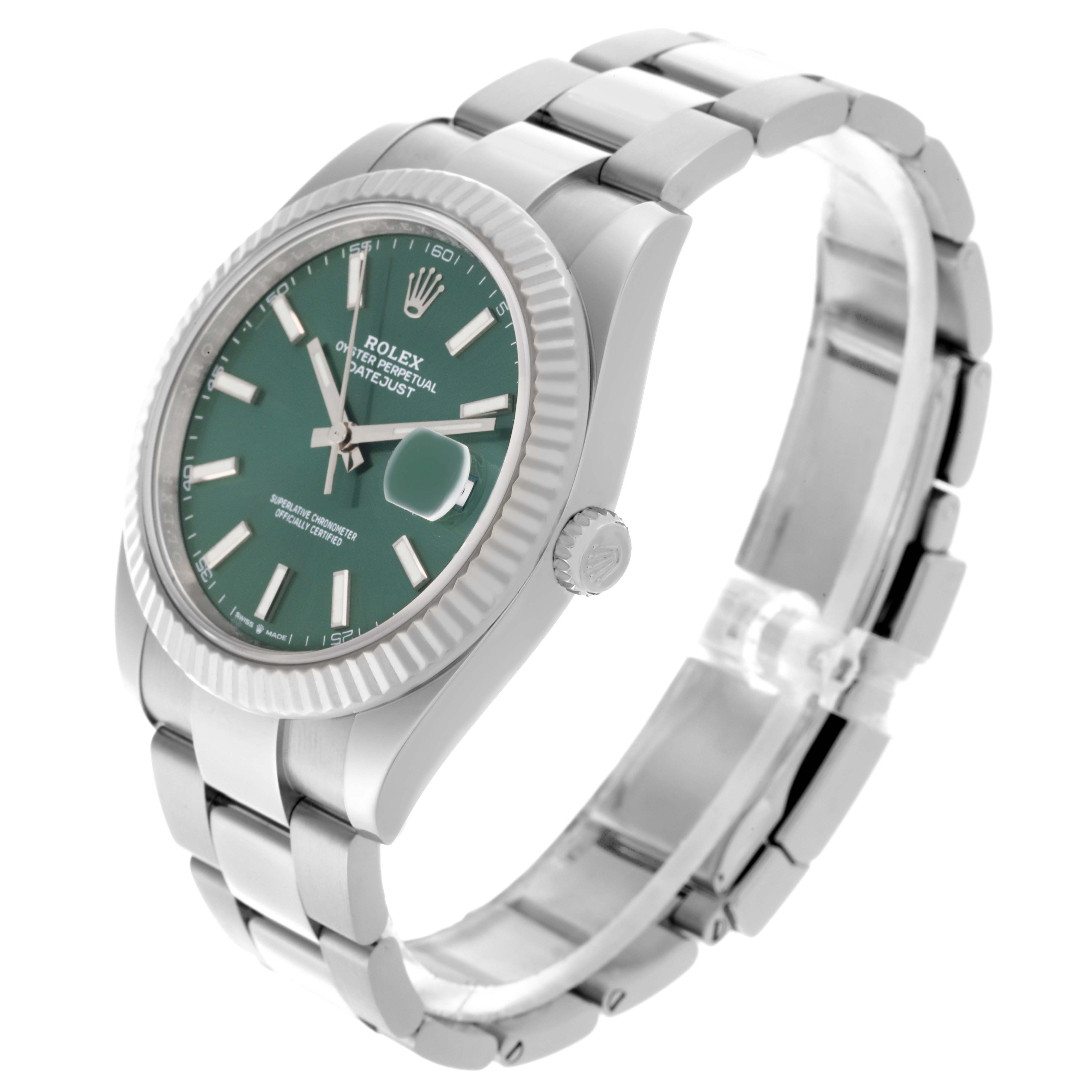 The Rolex Datejust 41 126334 Men's Stainless Steel Green Dial 126334 Men's Stainless Steel Green Dial watch is shown at an angled side view, highlighting the dial, bezel, bracelet, and crown.