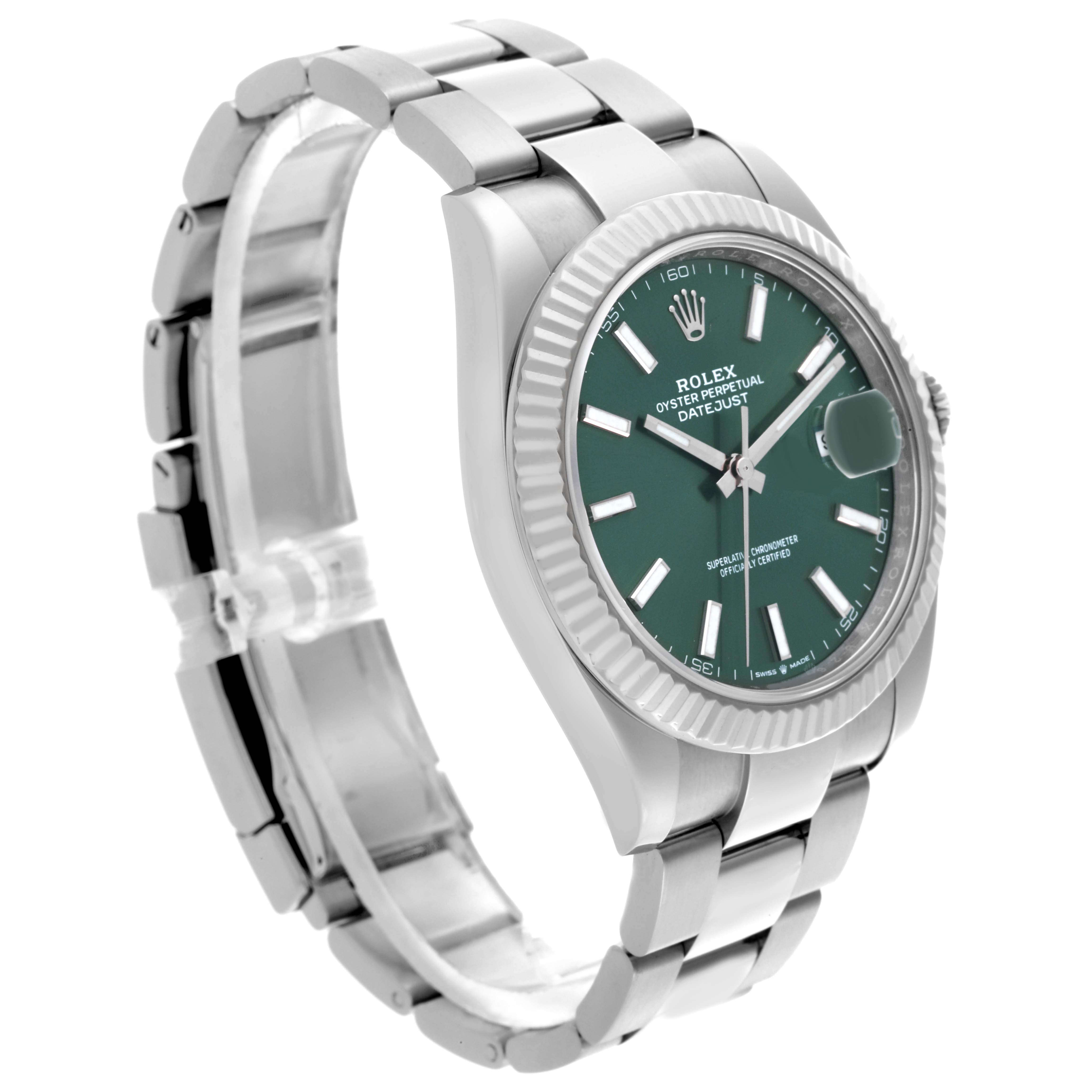 The Rolex Datejust 41 126334 Men's Stainless Steel Green Dial 126334 Men's Stainless Steel Green Dial is shown at a three-quarter angle, highlighting the dial, bezel, and part of the bracelet.