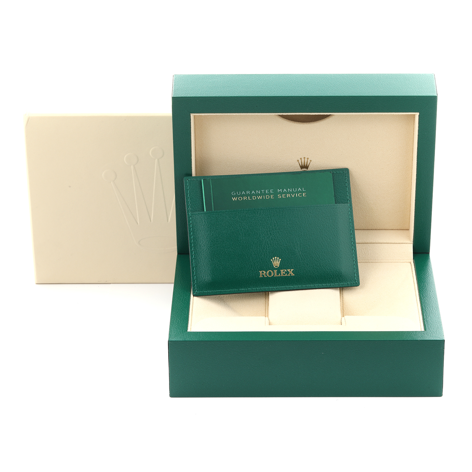 The image shows the Rolex Datejust 41 126334 Men's Stainless Steel Green Dial 126334 Men's Stainless Steel Green Dial packaging, featuring a green box, warranty card, and manual.