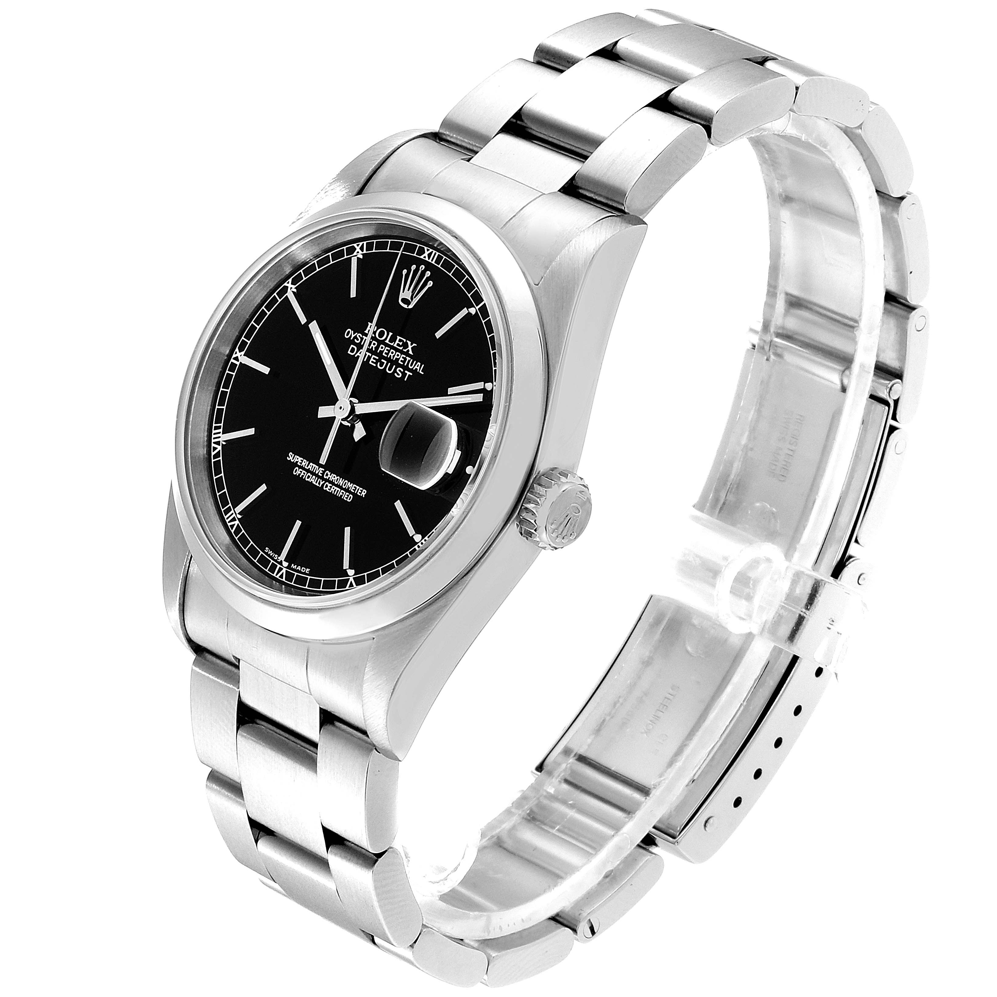 The Rolex Datejust 16200 Men's Stainless Steel Black Dial 16200 Men's Stainless Steel Black Dial watch is shown at an angle, highlighting the black dial, stainless steel case, bracelet, and clasp.