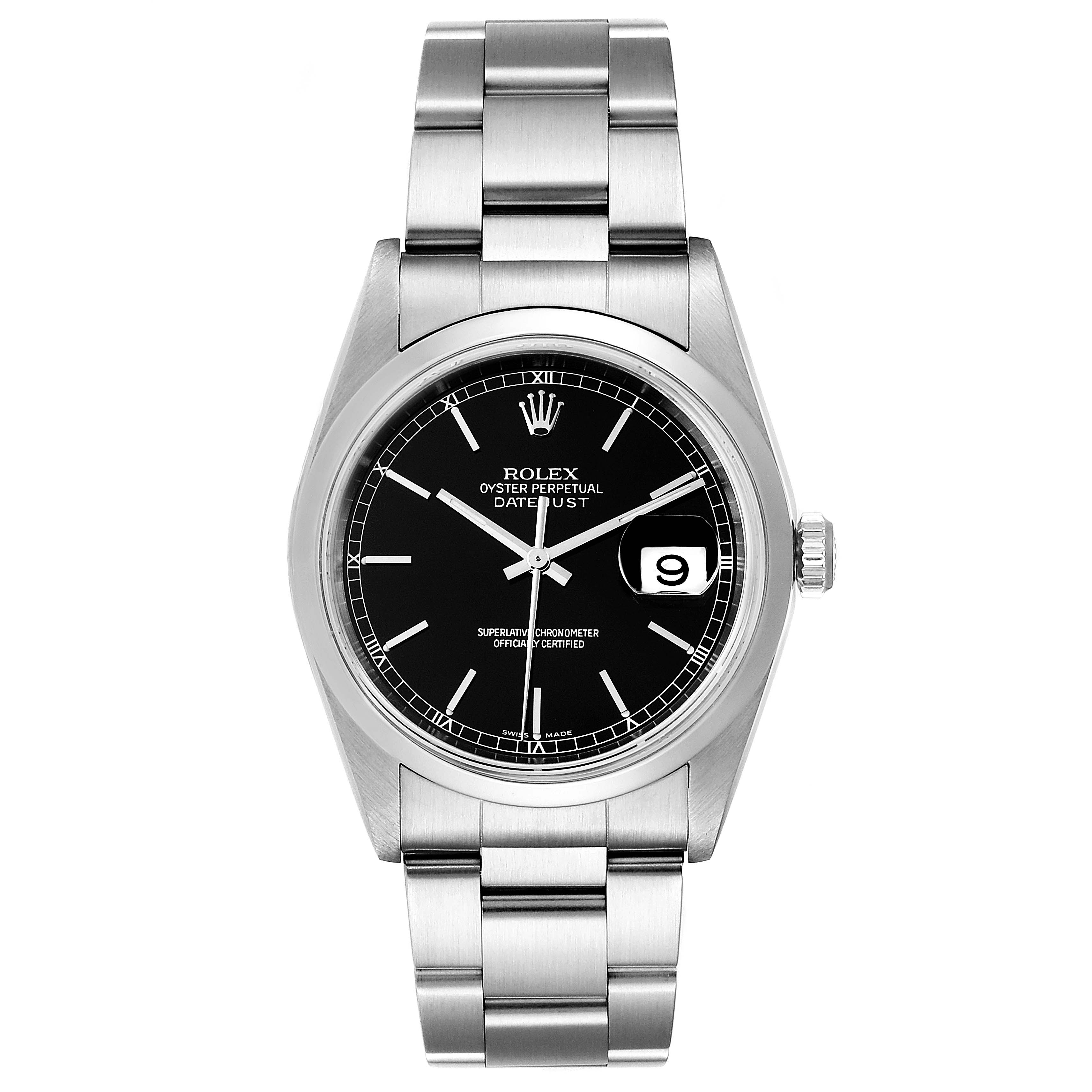 This image shows a front view of a Rolex Datejust 16200 Men's Stainless Steel Black Dial 16200 Men's Stainless Steel Black Dial watch, highlighting the black dial, date window, and stainless steel bracelet.