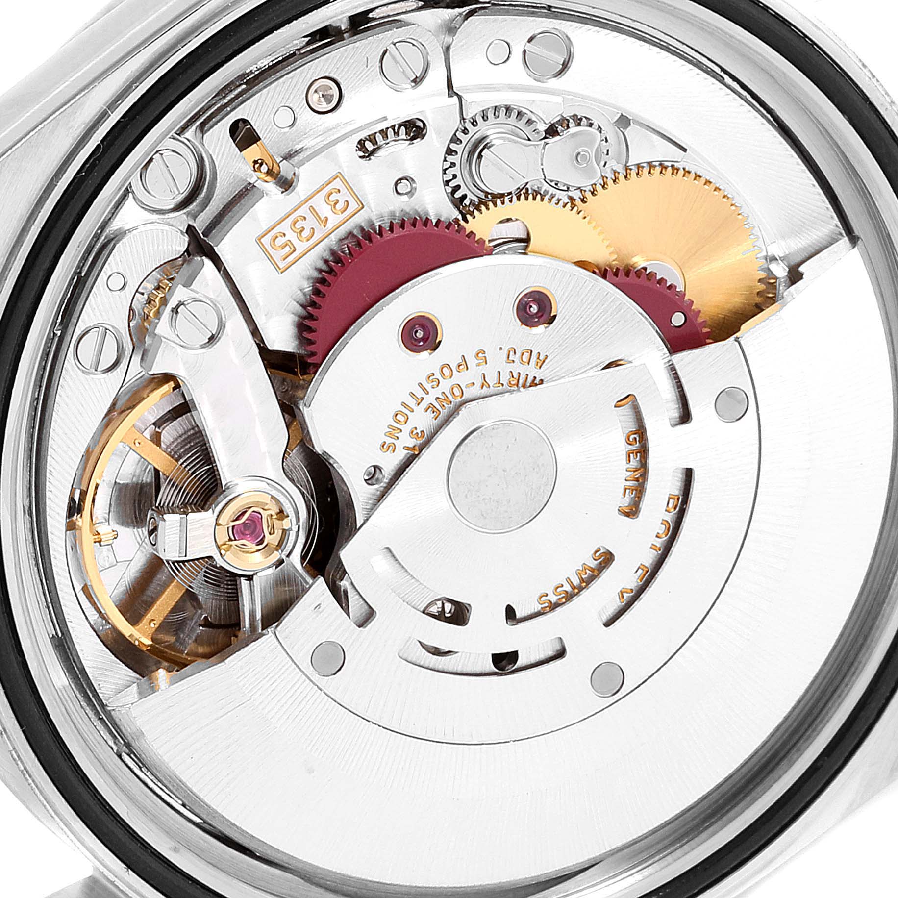 The image shows the internal mechanical components of a Rolex Datejust 16200 Men's Stainless Steel Black Dial 16200 Men's Stainless Steel Black Dial model from the back view.