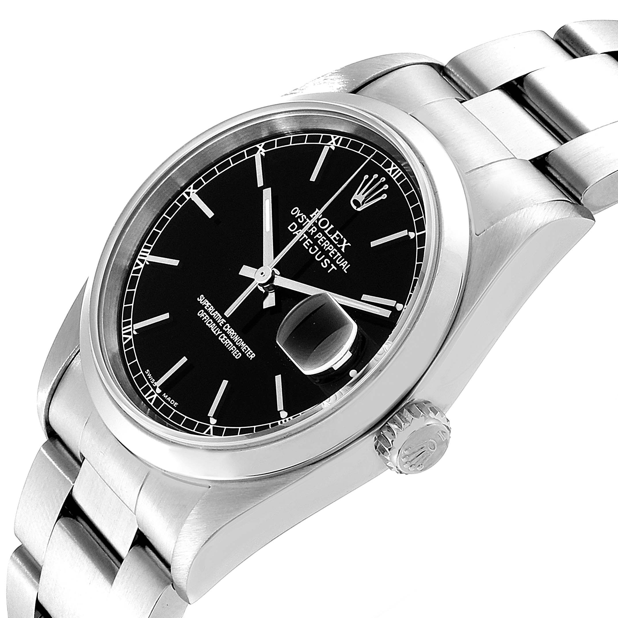 The image shows a slight angled view of a Rolex Datejust 16200 Men's Stainless Steel Black Dial 16200 Men's Stainless Steel Black Dial’s black dial, crown, and metal bracelet.