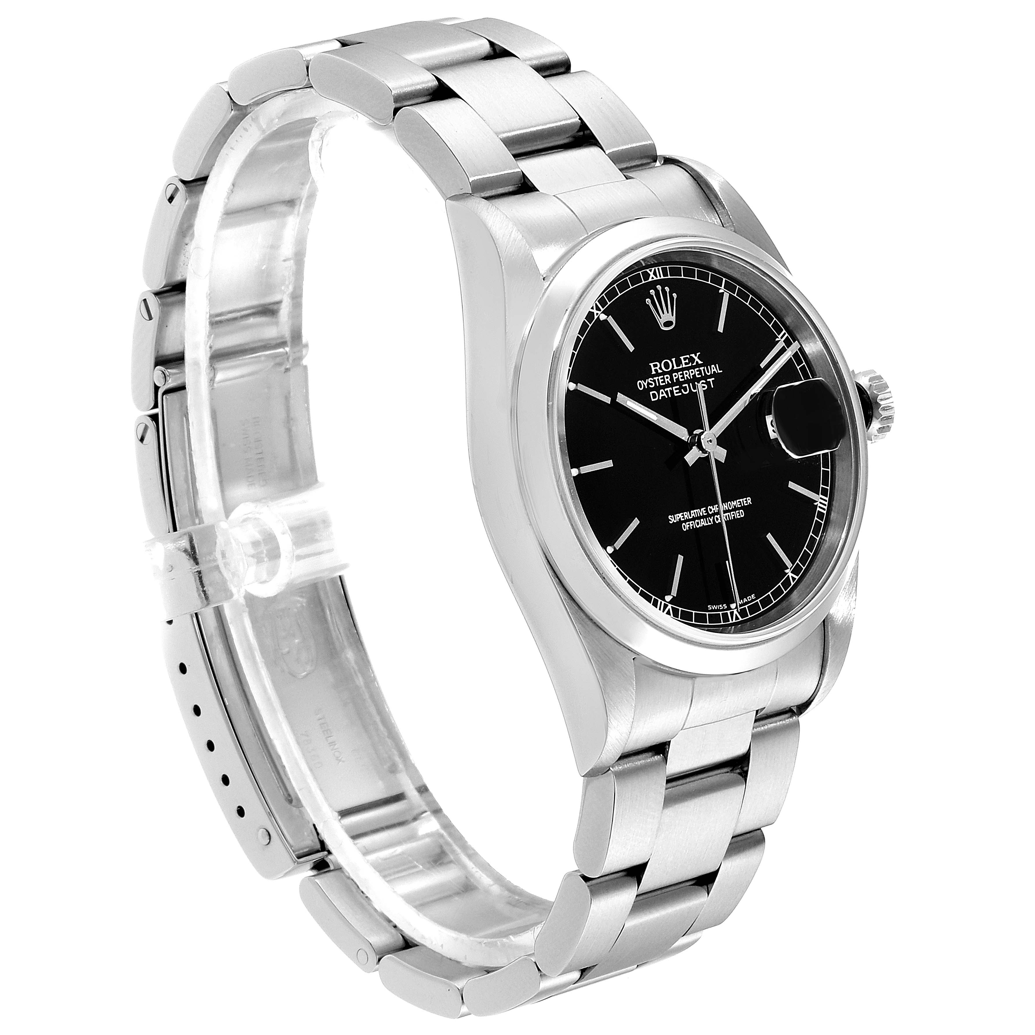 The image shows a Rolex Datejust 16200 Men's Stainless Steel Black Dial 16200 Men's Stainless Steel Black Dial watch at a three-quarter angle, highlighting the bracelet, case, and black dial.