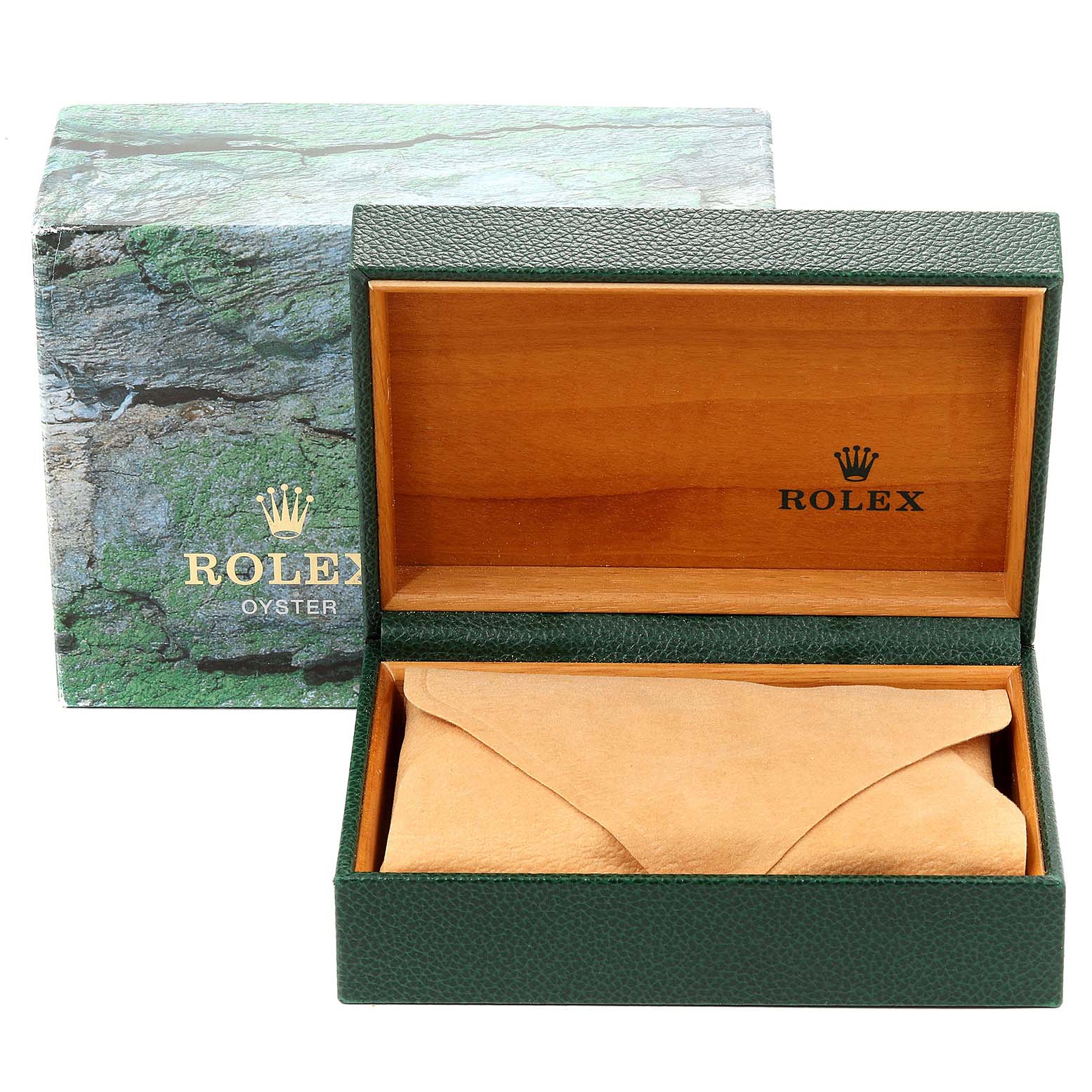 The image shows a Rolex Datejust 16200 Men's Stainless Steel Black Dial 16200 Men's Stainless Steel Black Dial model watch box, including the outer green box and the open wooden inner box.