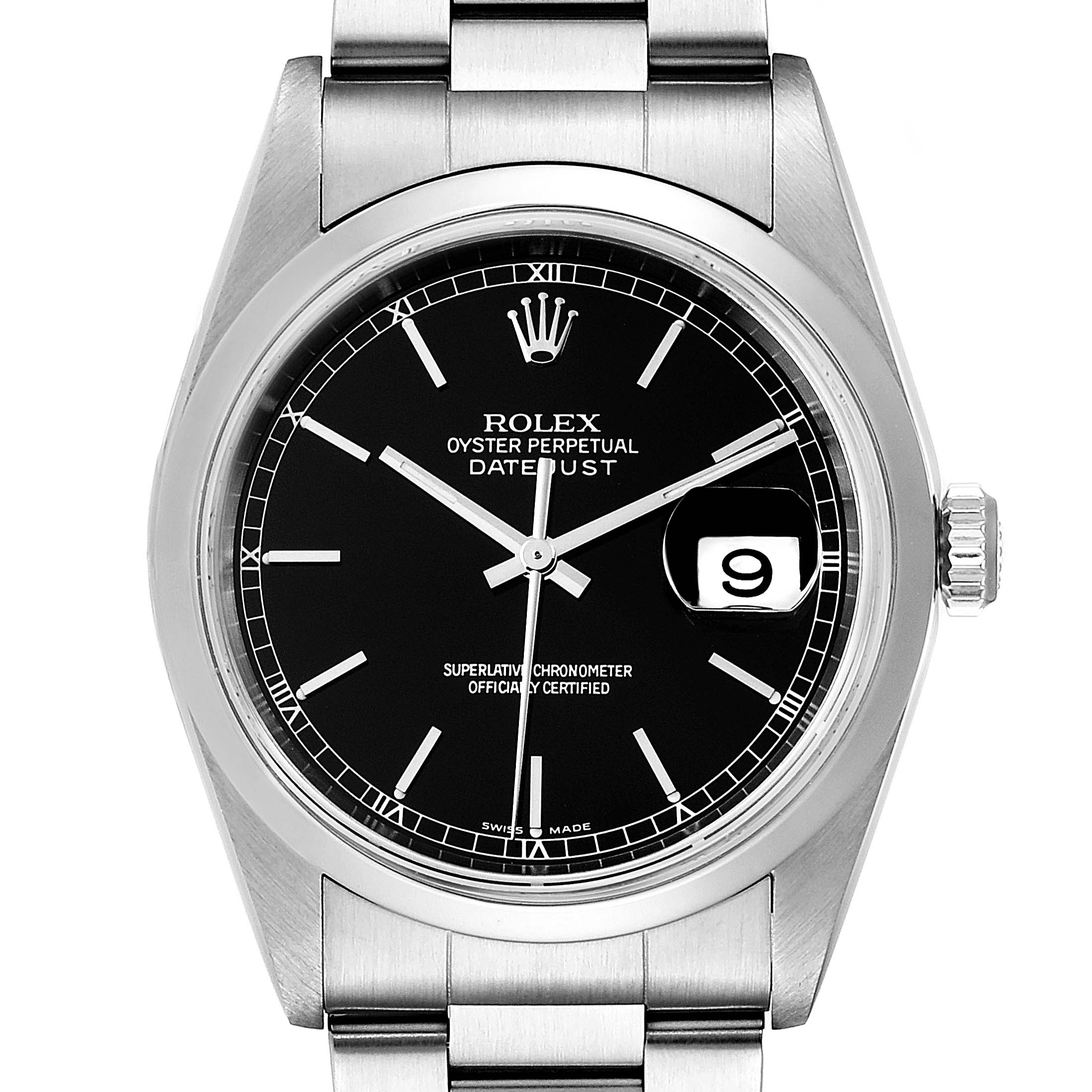 This image shows the Rolex Datejust 16200 Men's Stainless Steel Black Dial 16200 Men's Stainless Steel Black Dial watch from a front angle, highlighting the black dial, date window, and stainless steel bracelet.