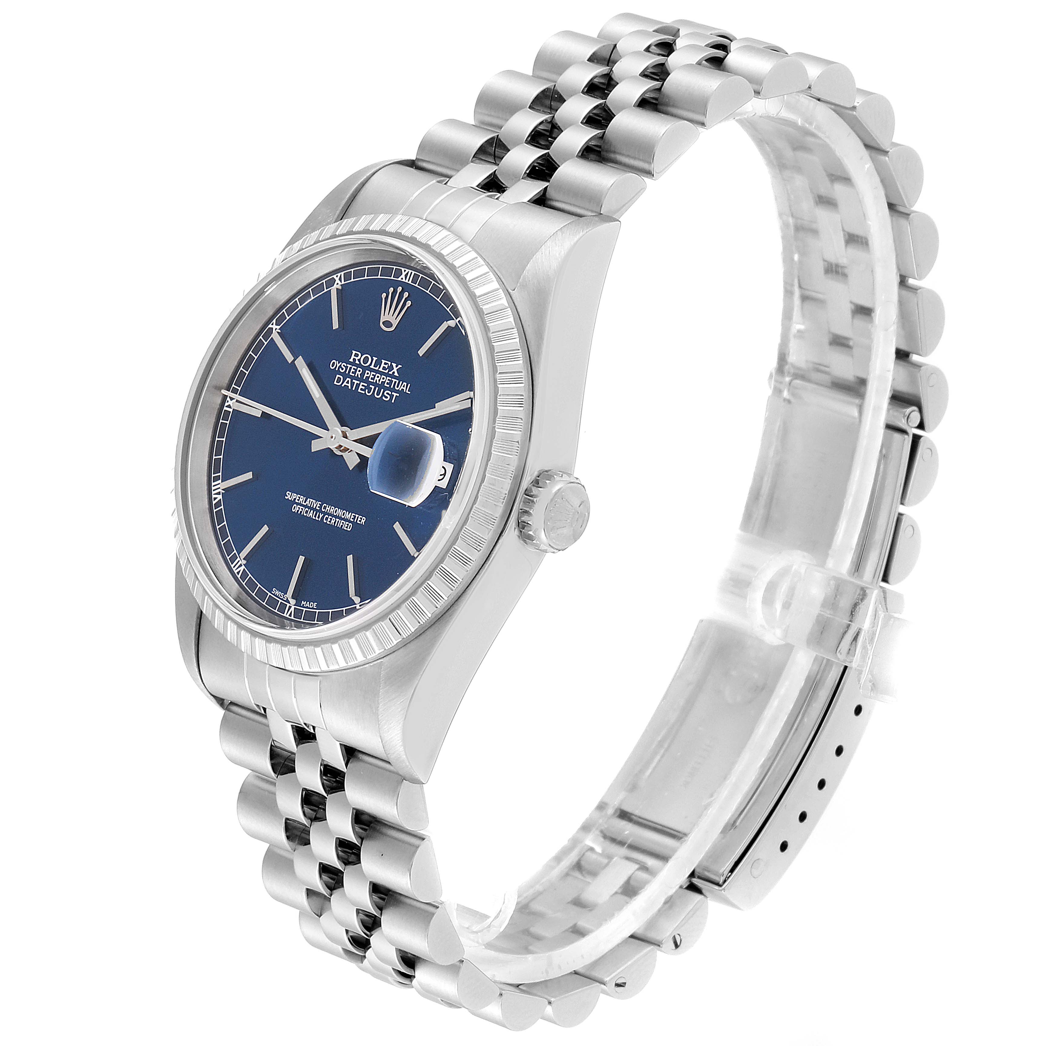 The image shows a Rolex Datejust 16220 Men's Stainless Steel Blue Dial 16220 Men's Stainless Steel Blue Dial watch from an angled side view, highlighting its blue dial, fluted bezel, and jubilee bracelet.
