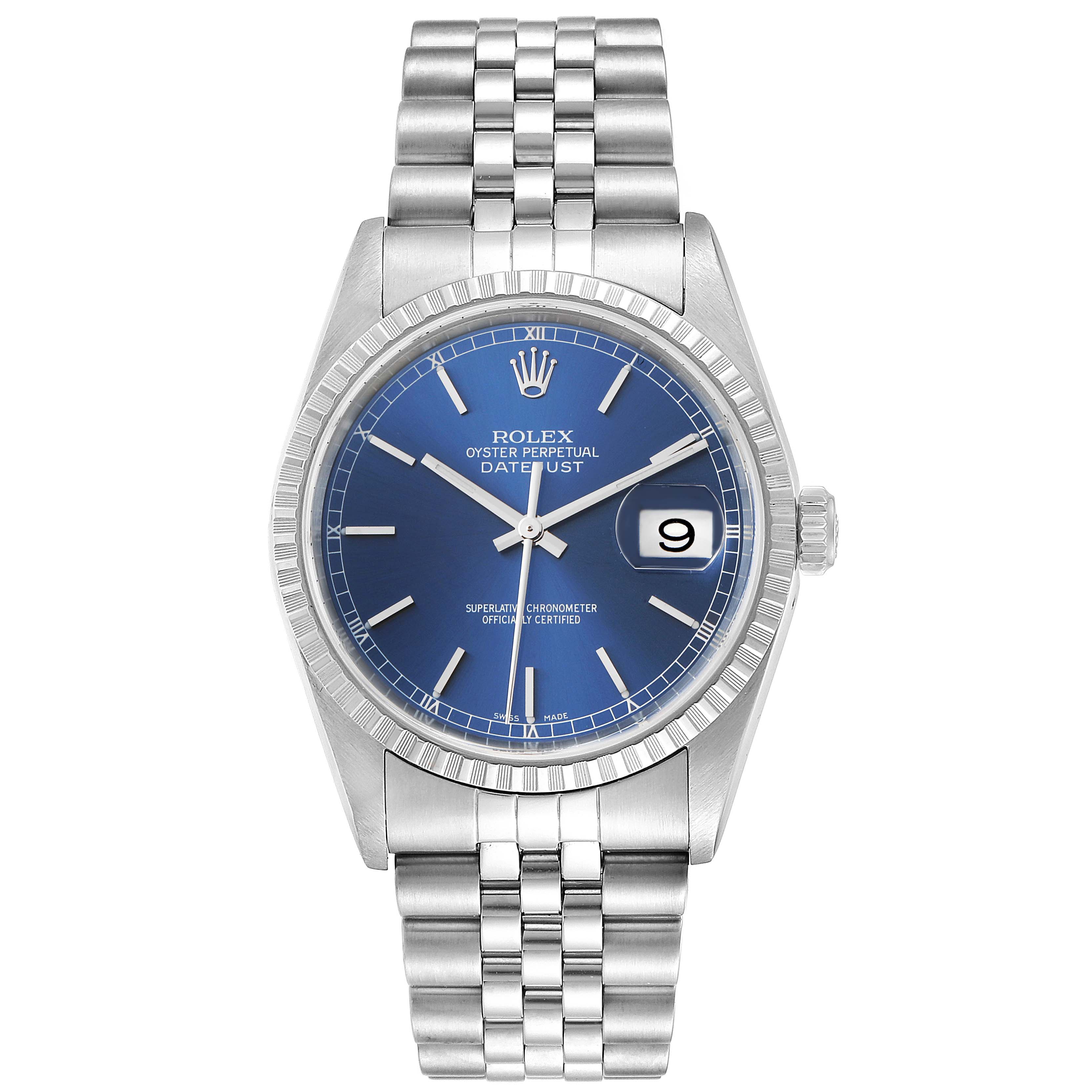 This image shows a Rolex Datejust 16220 Men's Stainless Steel Blue Dial 16220 Men's Stainless Steel Blue Dial watch from the front, displaying the dial, bezel, and bracelet.
