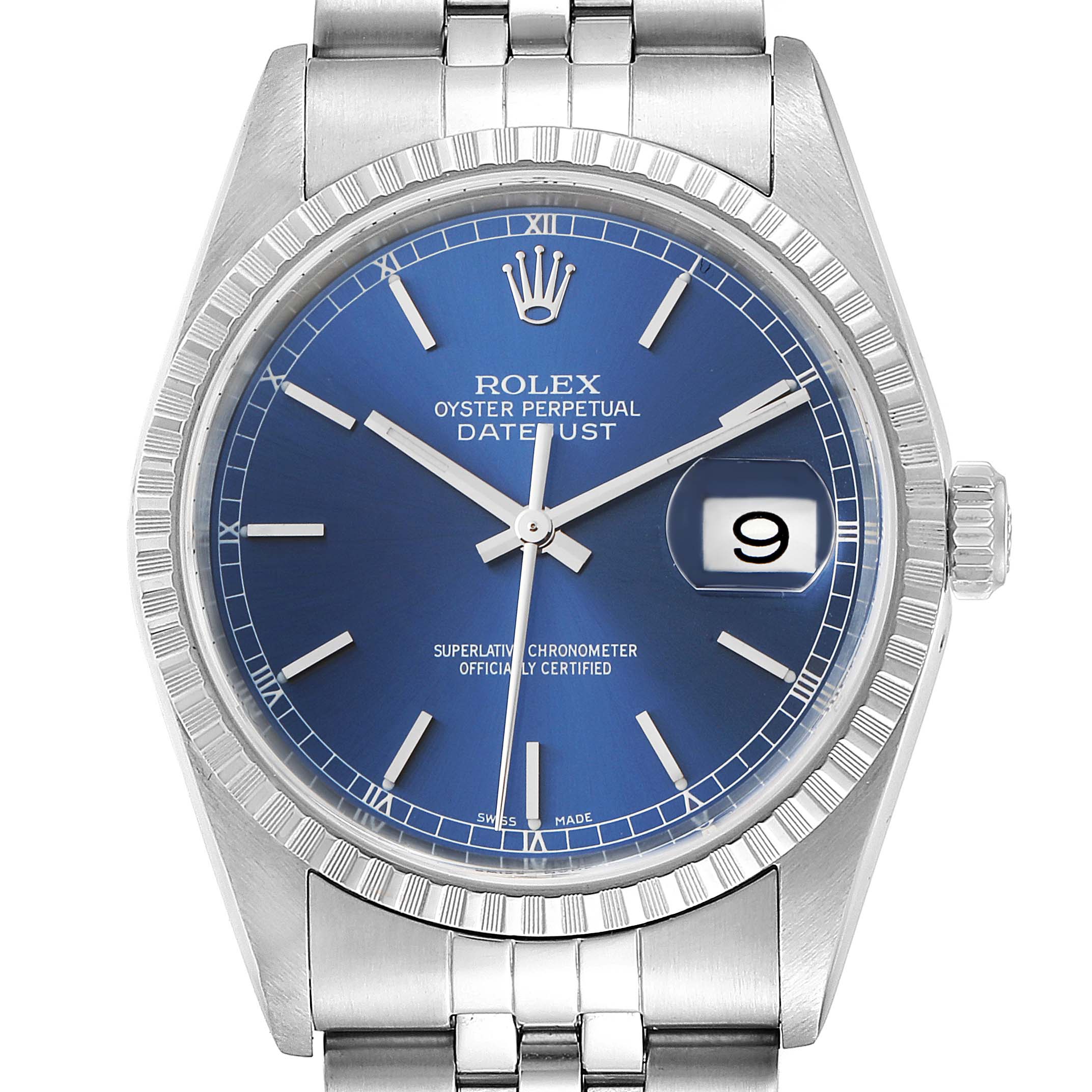 This image shows a front view of the Rolex Datejust 16220 Men's Stainless Steel Blue Dial 16220 Men's Stainless Steel Blue Dial watch, highlighting its blue dial, date window, and fluted bezel.