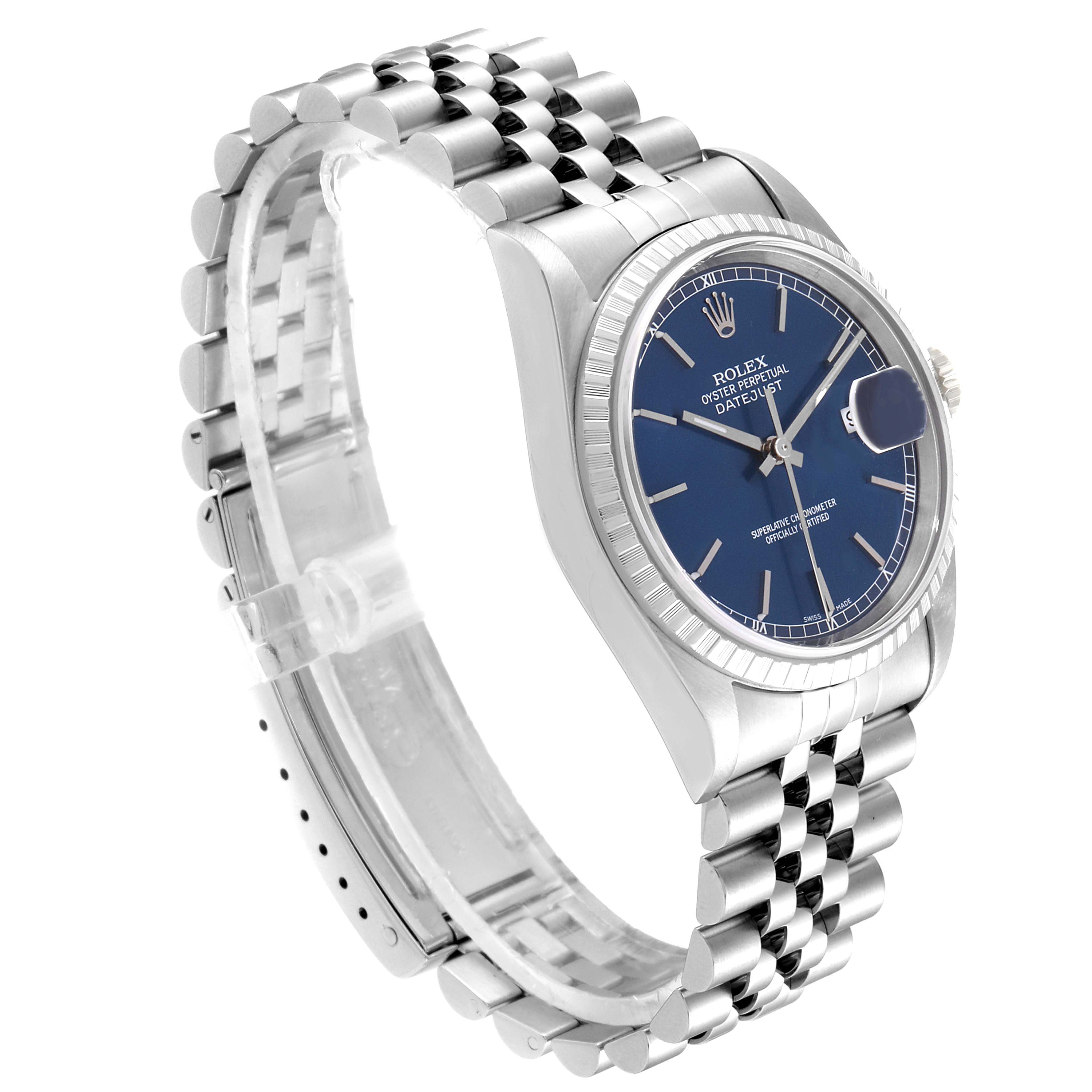 The image shows a side angle of the Rolex Datejust 16220 Men's Stainless Steel Blue Dial 16220 Men's Stainless Steel Blue Dial watch, revealing the blue dial, case, and Jubilee bracelet.