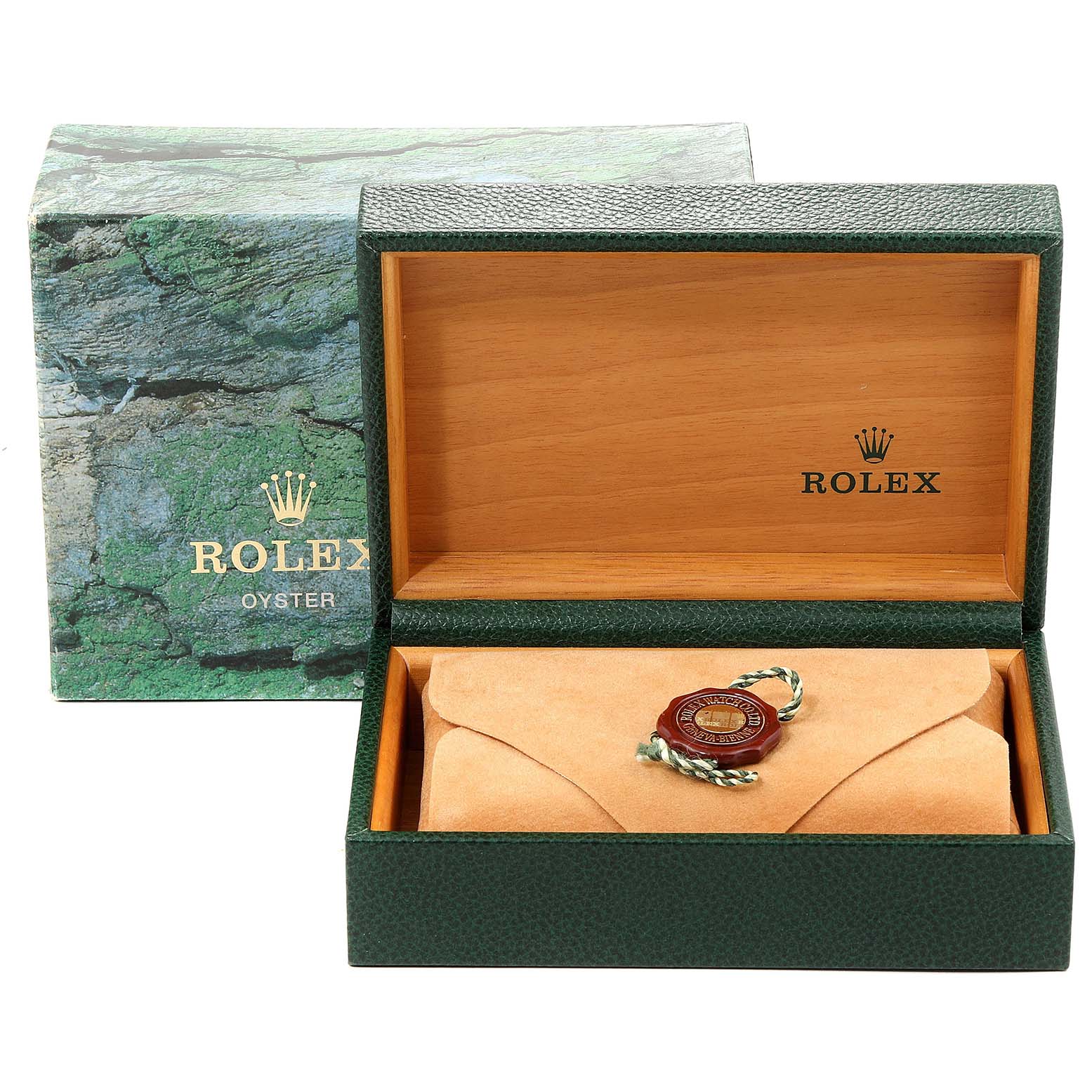 The image shows the packaging and case for a Rolex Datejust 16220 Men's Stainless Steel Blue Dial 16220 Men's Stainless Steel Blue Dial watch, including the outer box, inner wooden box, and a tag.