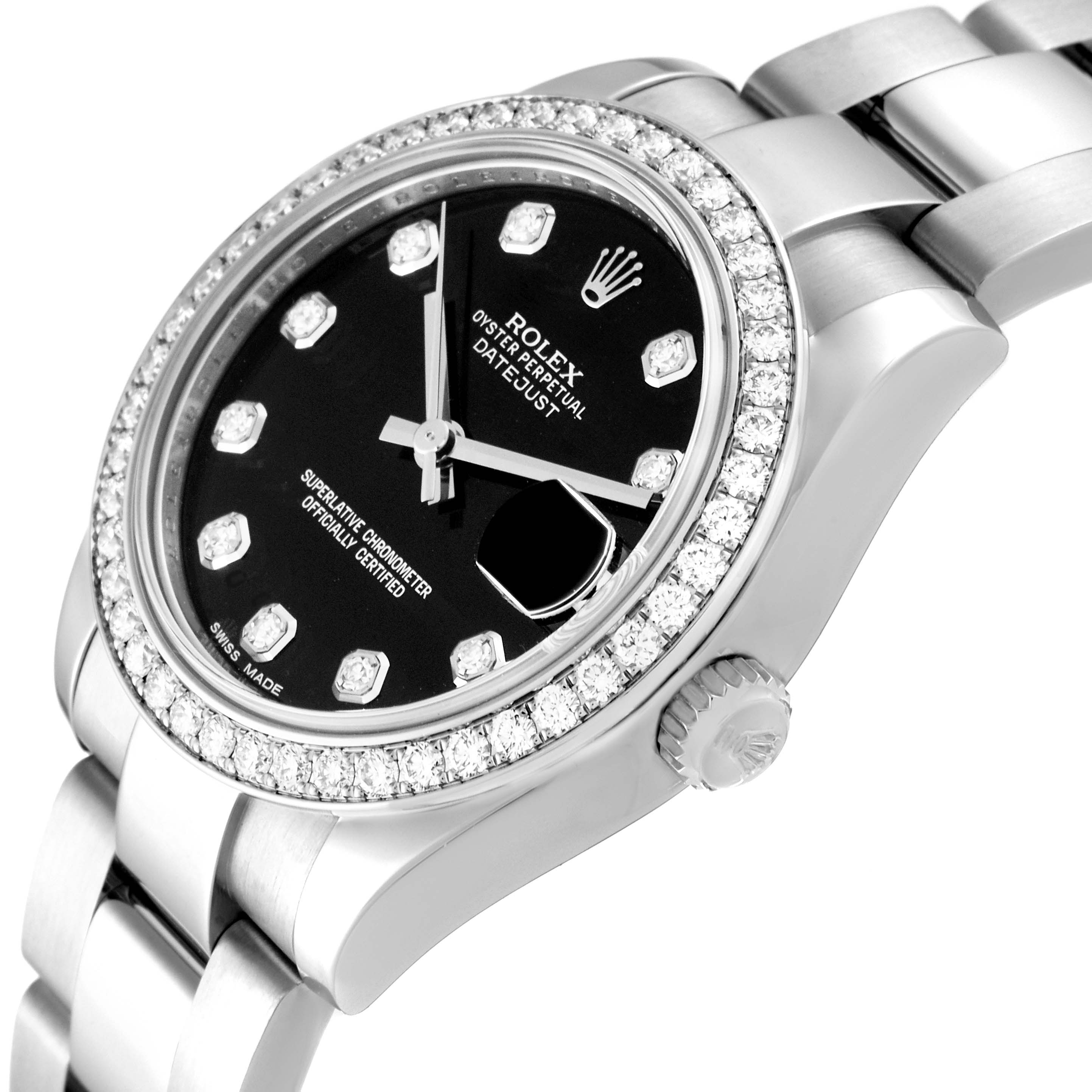 The Rolex Datejust Mid-Size watch is angled to show the bezel, dial, crown, and part of the bracelet.