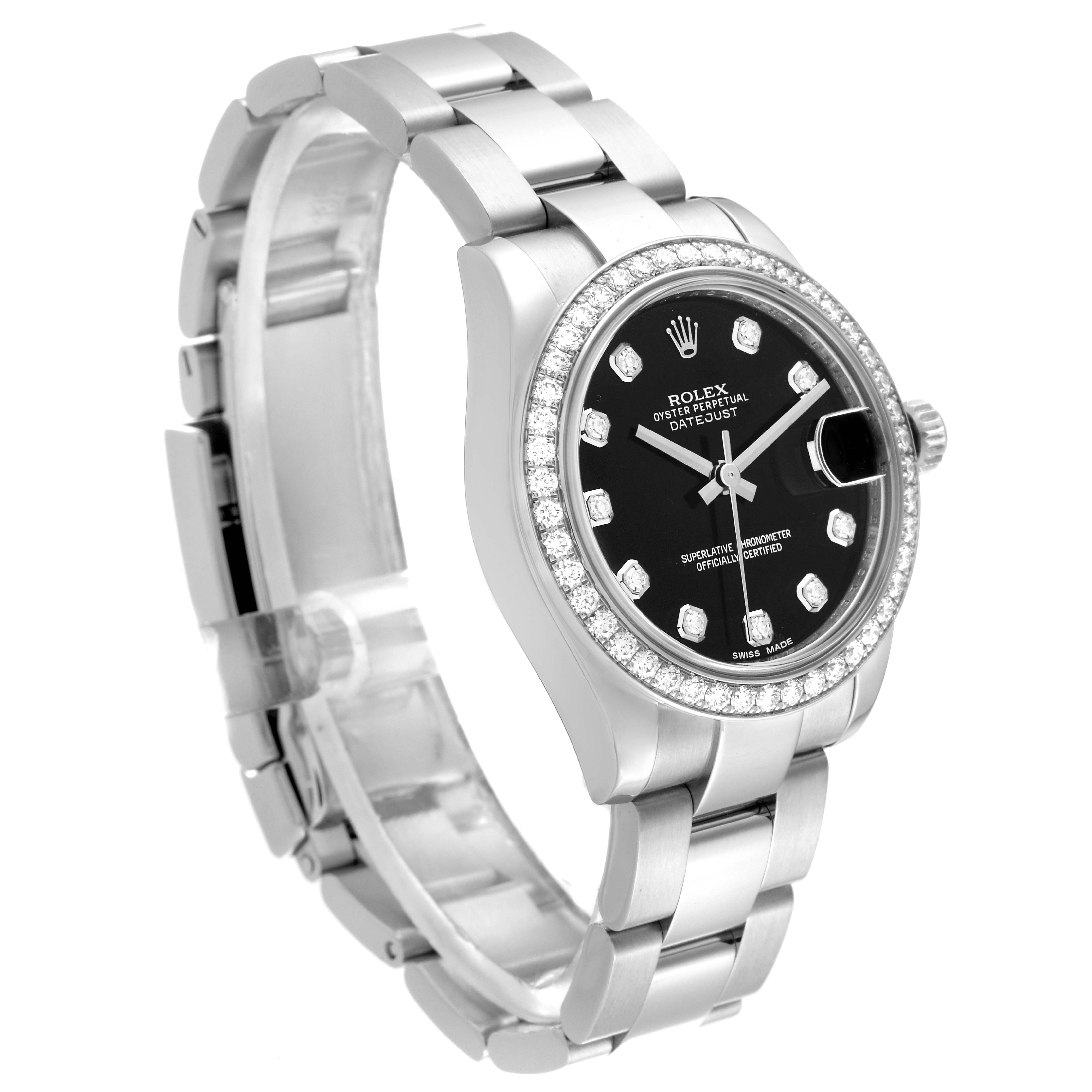 The Rolex Mid-Size 178384 Women's Stainless Steel Black Dial 178384 Women's Stainless Steel Black Dial model watch is shown at a three-quarter angle, highlighting its black dial, diamond bezel, and metal bracelet.