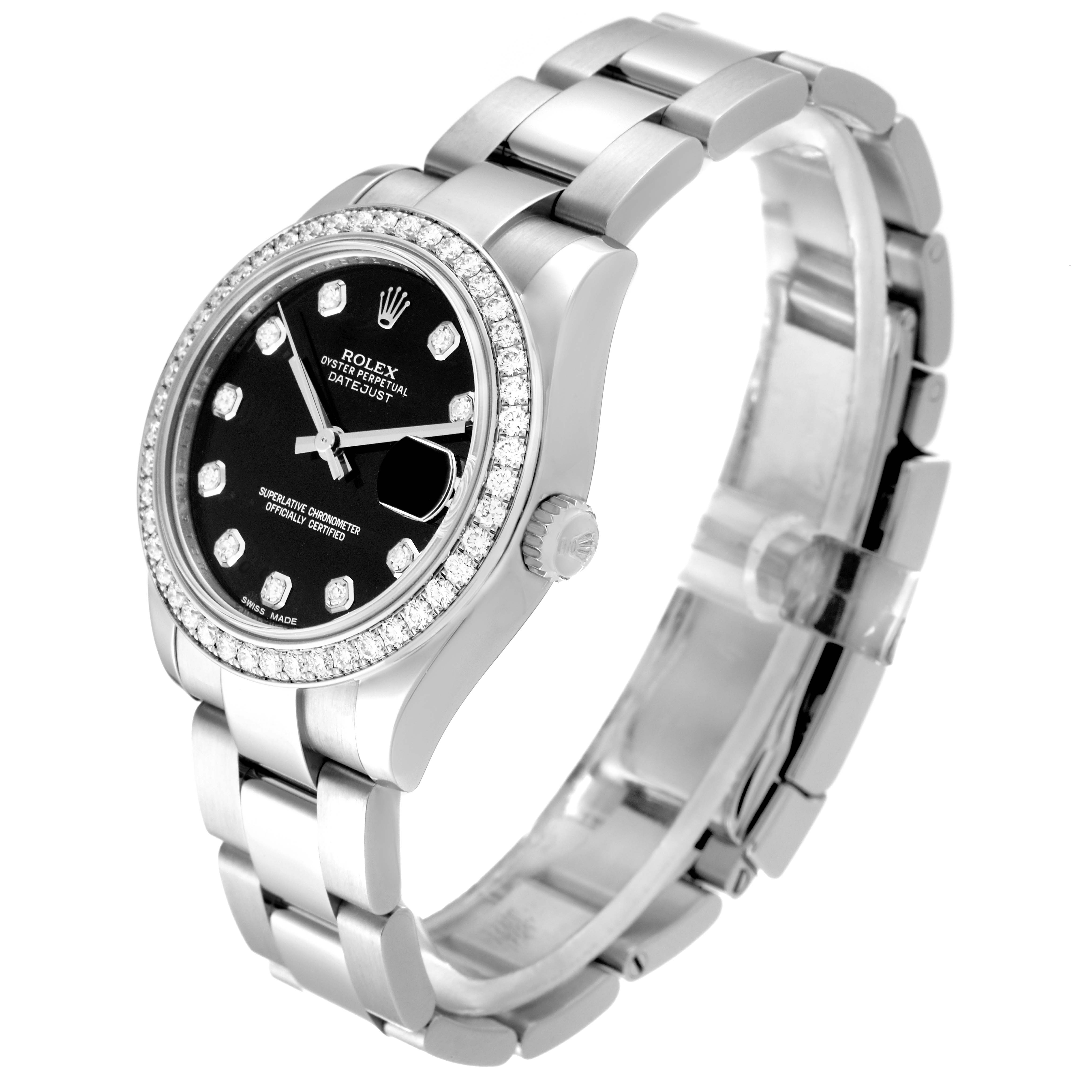 The Rolex Mid-Size 178384 Women's Stainless Steel Black Dial 178384 Women's Stainless Steel Black Dial model is shown at a three-quarter angle, displaying the face, bezel, crown, and part of the bracelet.