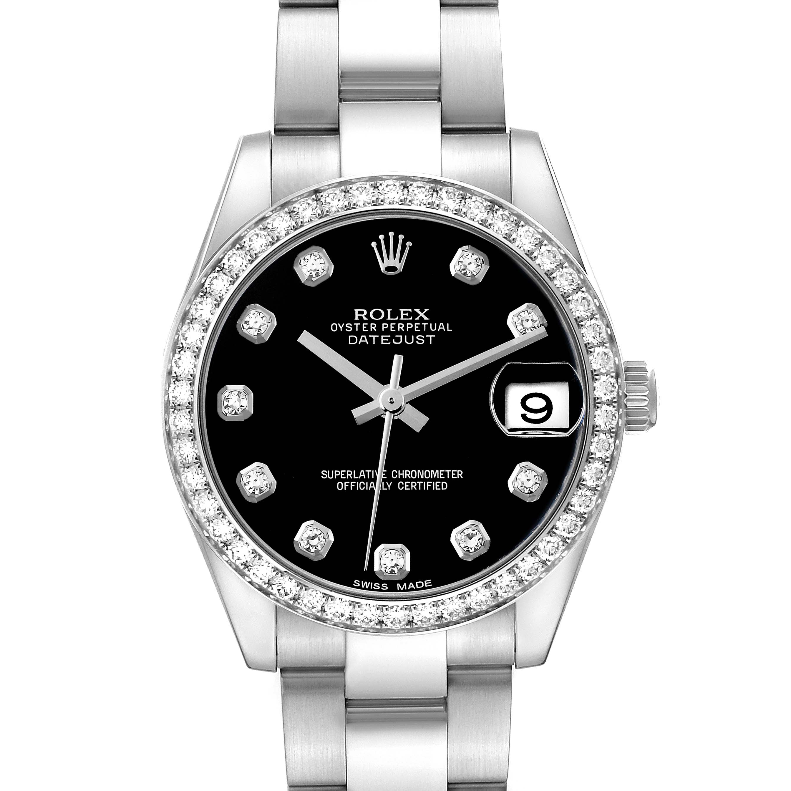 The Rolex Mid-Size 178384 Women's Stainless Steel Black Dial 178384 Women's Stainless Steel Black Dial Datejust watch is shown from a front angle, highlighting the bezel, dial, and partial bracelet.