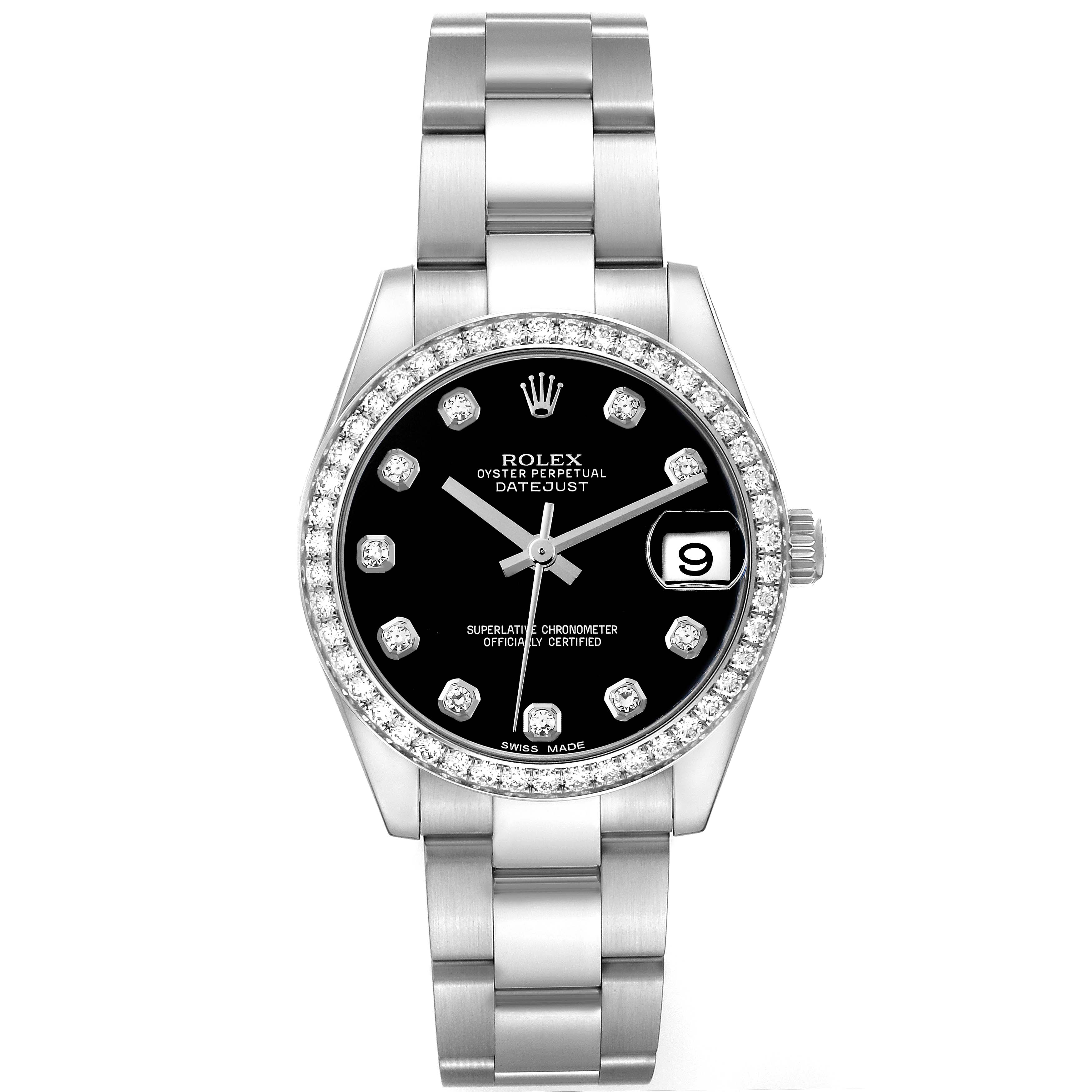 The Rolex Datejust Mid-Size watch is shown from a front angle, featuring the dial, bezel, and bracelet.