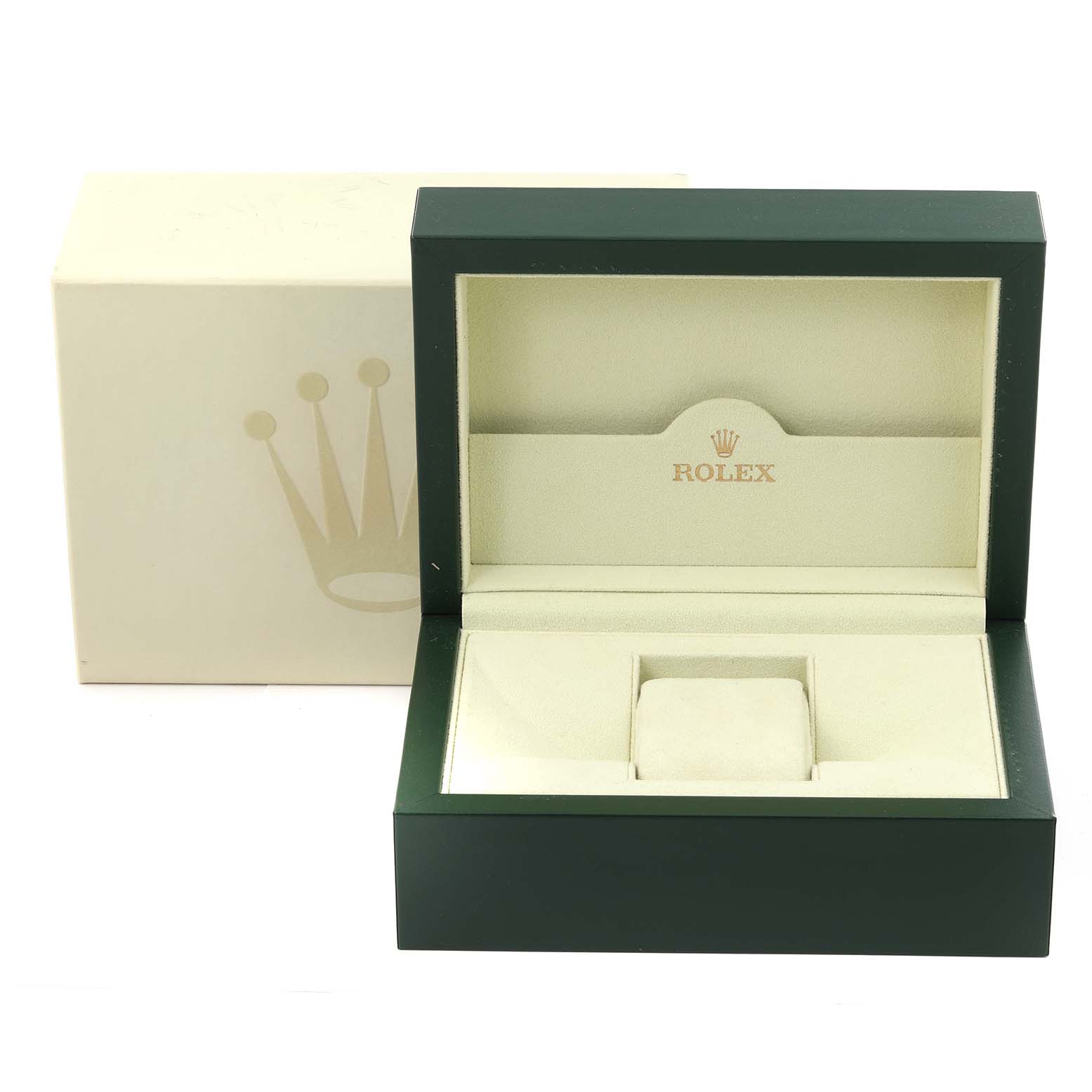 The image shows an open Rolex watch box for a Mid-Size model, with a visible inner cushion and logo.