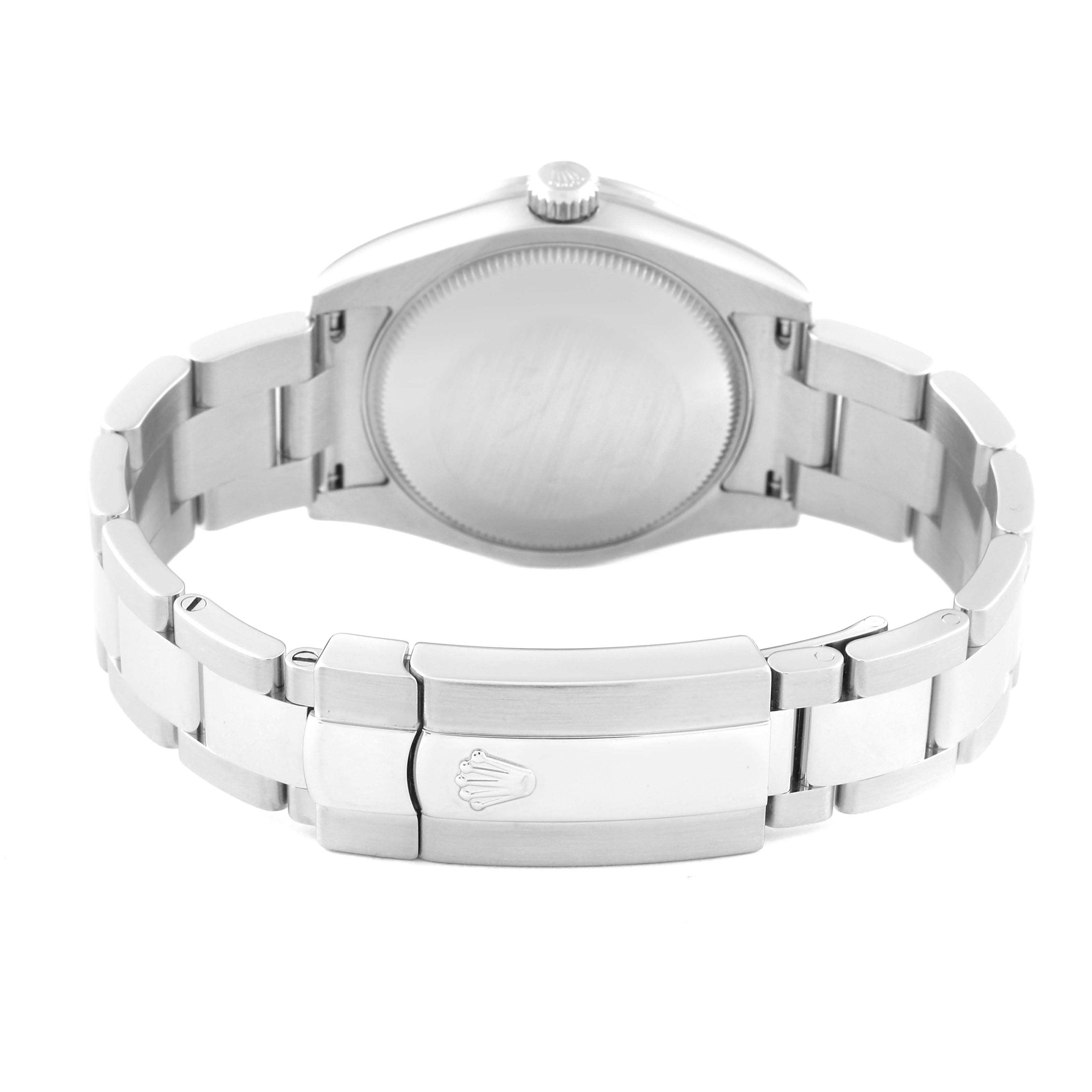 The Rolex Mid-Size 178384 Women's Stainless Steel Black Dial 178384 Women's Stainless Steel Black Dial watch is shown from the back, highlighting the bracelet and clasp.