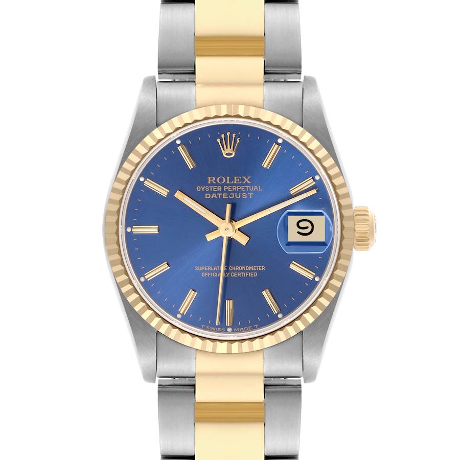 The Rolex Datejust Mid-Size watch is shown from the front, displaying the face, bezel, crown, and part of the bracelet.