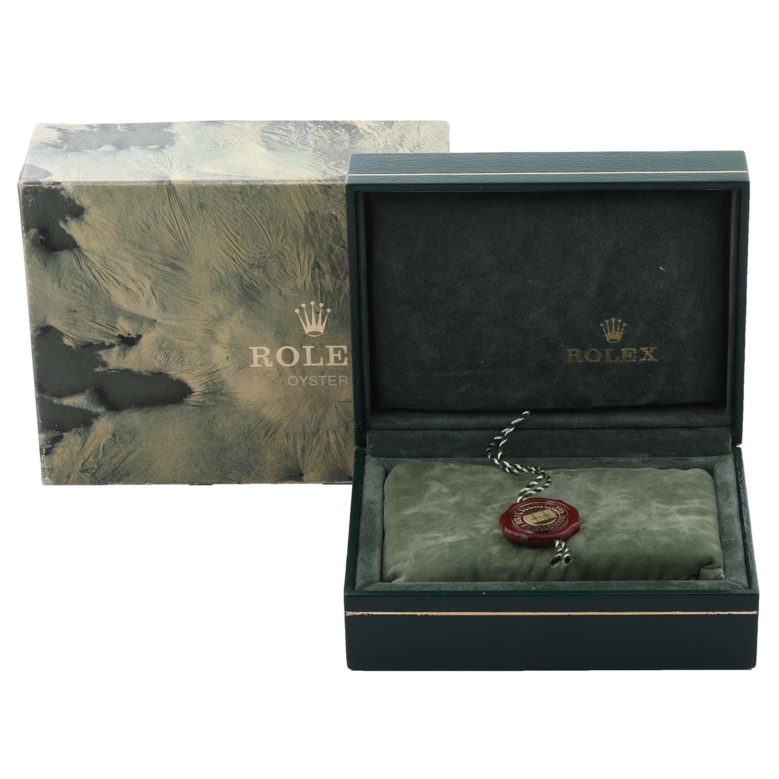 The image shows a Rolex Mid-Size 68273 Women's Steel and Gold (two tone) Blue Dial 68273 Women's Steel and Gold (two tone) Blue Dial watch box and cushion, viewed from the front with the lid open.