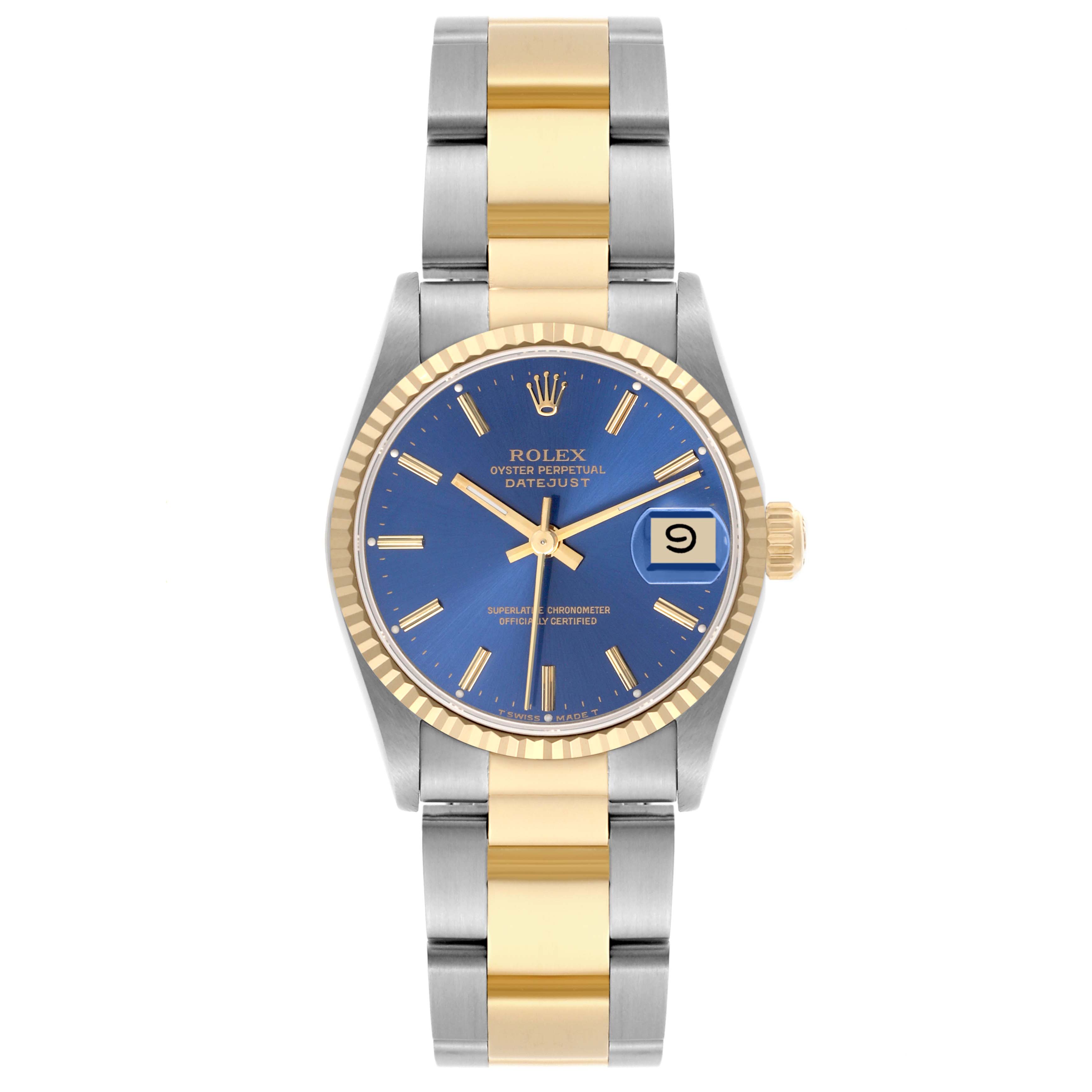 The Rolex Mid-Size 68273 Women's Steel and Gold (two tone) Blue Dial 68273 Women's Steel and Gold (two tone) Blue Dial Datejust watch is shown from the front, displaying the face, bezel, and two-tone bracelet.