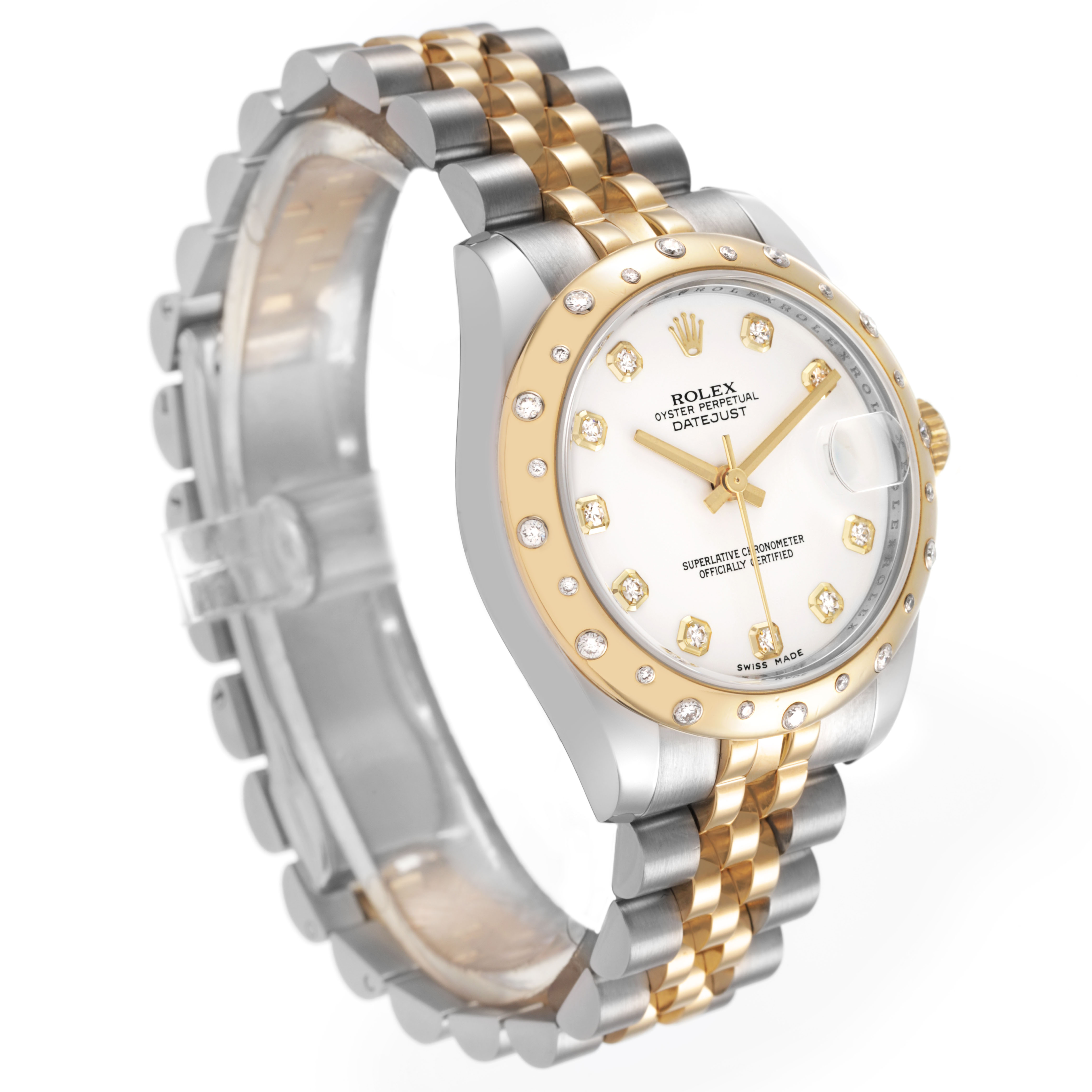 The Rolex Datejust 178343 Women's Steel and Gold (two tone) White Dial watch is shown at a three-quarter angle, highlighting the dial, bezel, bracelet, and side profile.