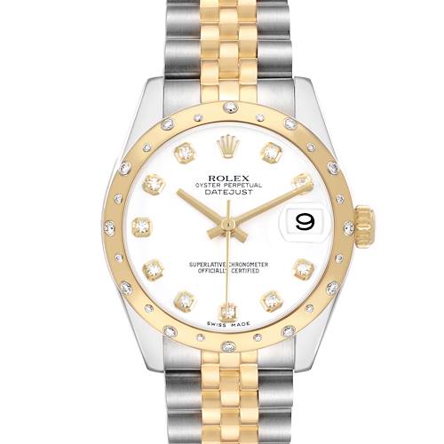 The Rolex Datejust 178343 Women's Steel and Gold (two tone) White Dial watch is shown from a front angle, displaying the dial, bezel, and bracelet.