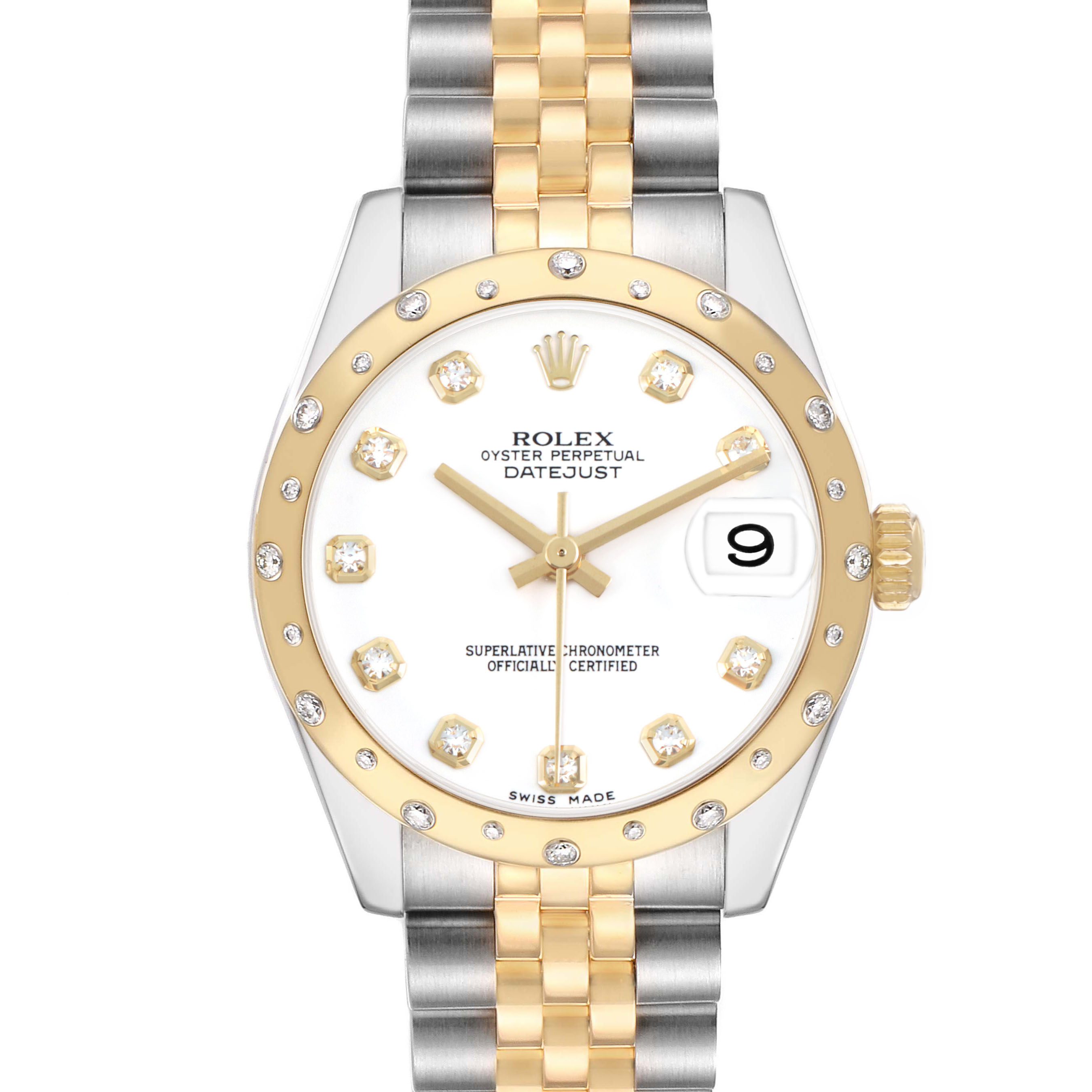 The Rolex Datejust 178343 Women's Steel and Gold (two tone) White Dial watch is shown from a frontal view, highlighting the dial, bezel, and two-tone bracelet.