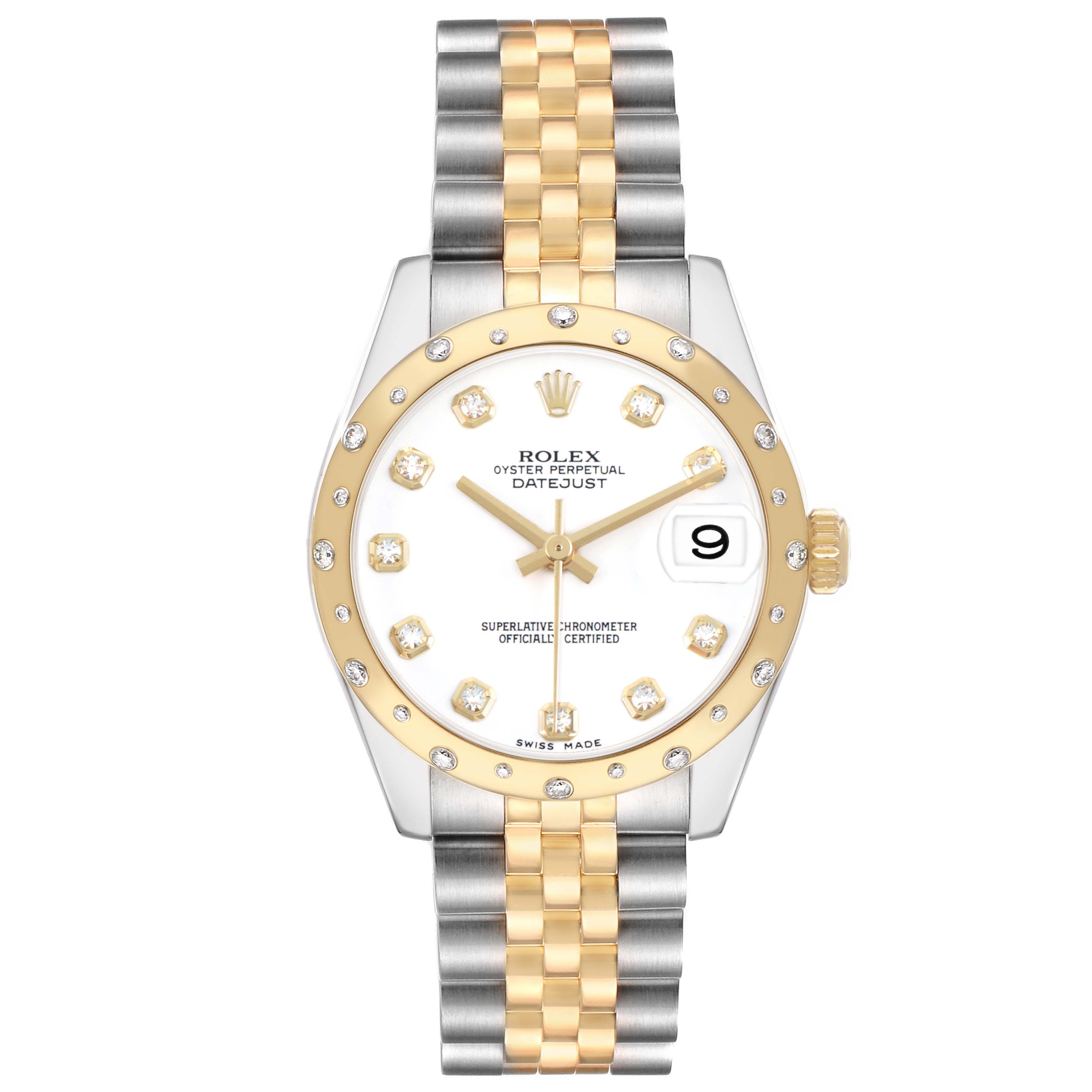 The Rolex Datejust 178343 Women's Steel and Gold (two tone) White Dial watch is shown straight-on, displaying the face, bezel, crown, and bracelet.