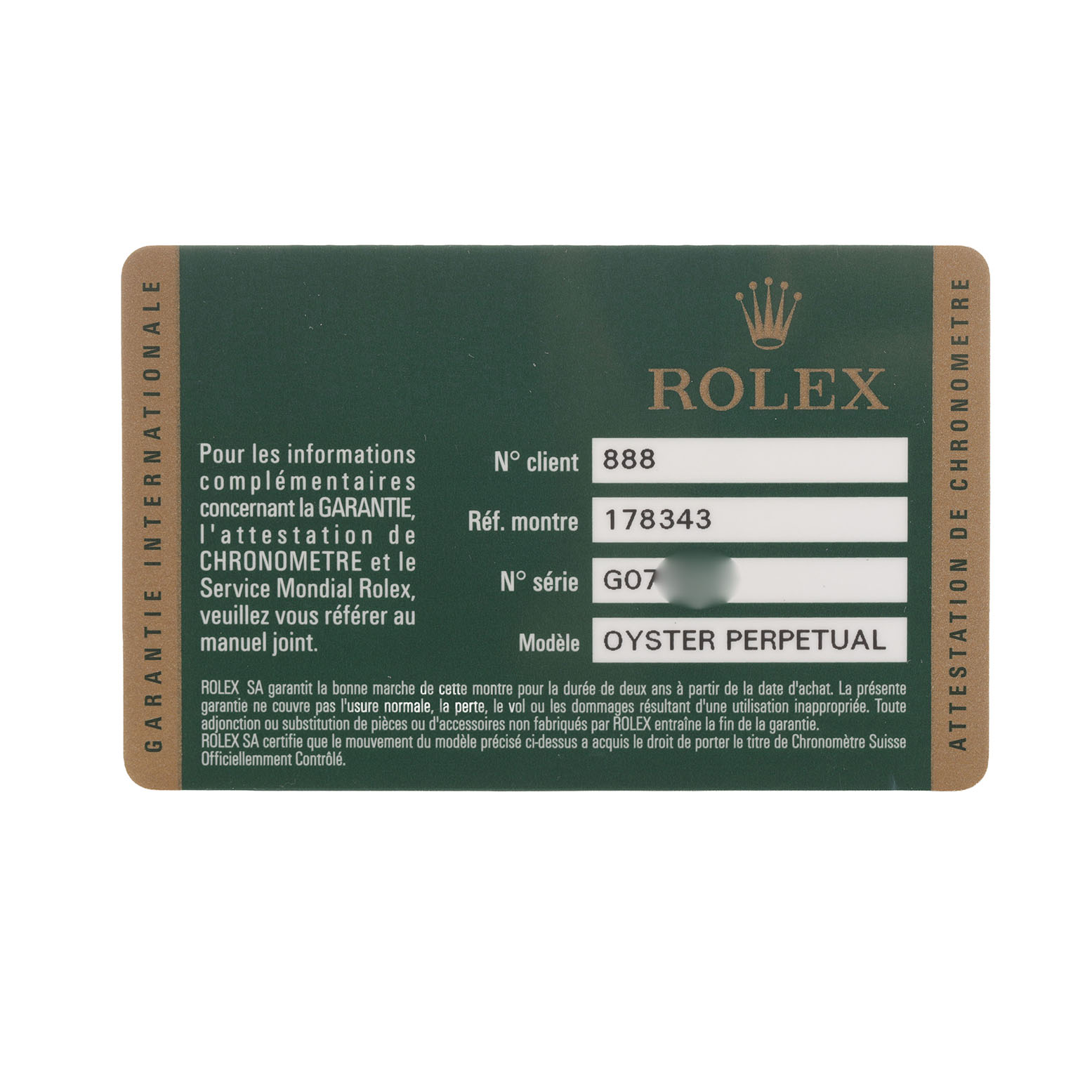 The image shows a Rolex Datejust 178343 Women's Steel and Gold (two tone) White Dial warranty card from a top-down angle, detailing client, reference, and serial numbers.