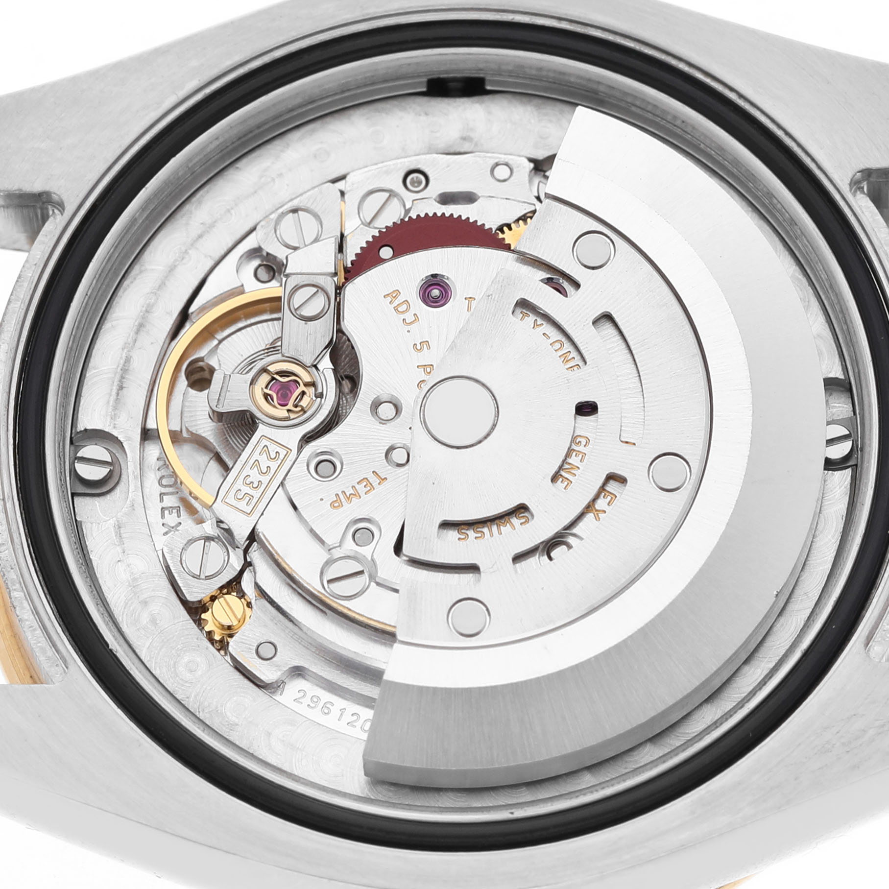 The image shows the movement of a Rolex Datejust 178343 Women's Steel and Gold (two tone) White Dial watch from the back, highlighting its mechanical components.