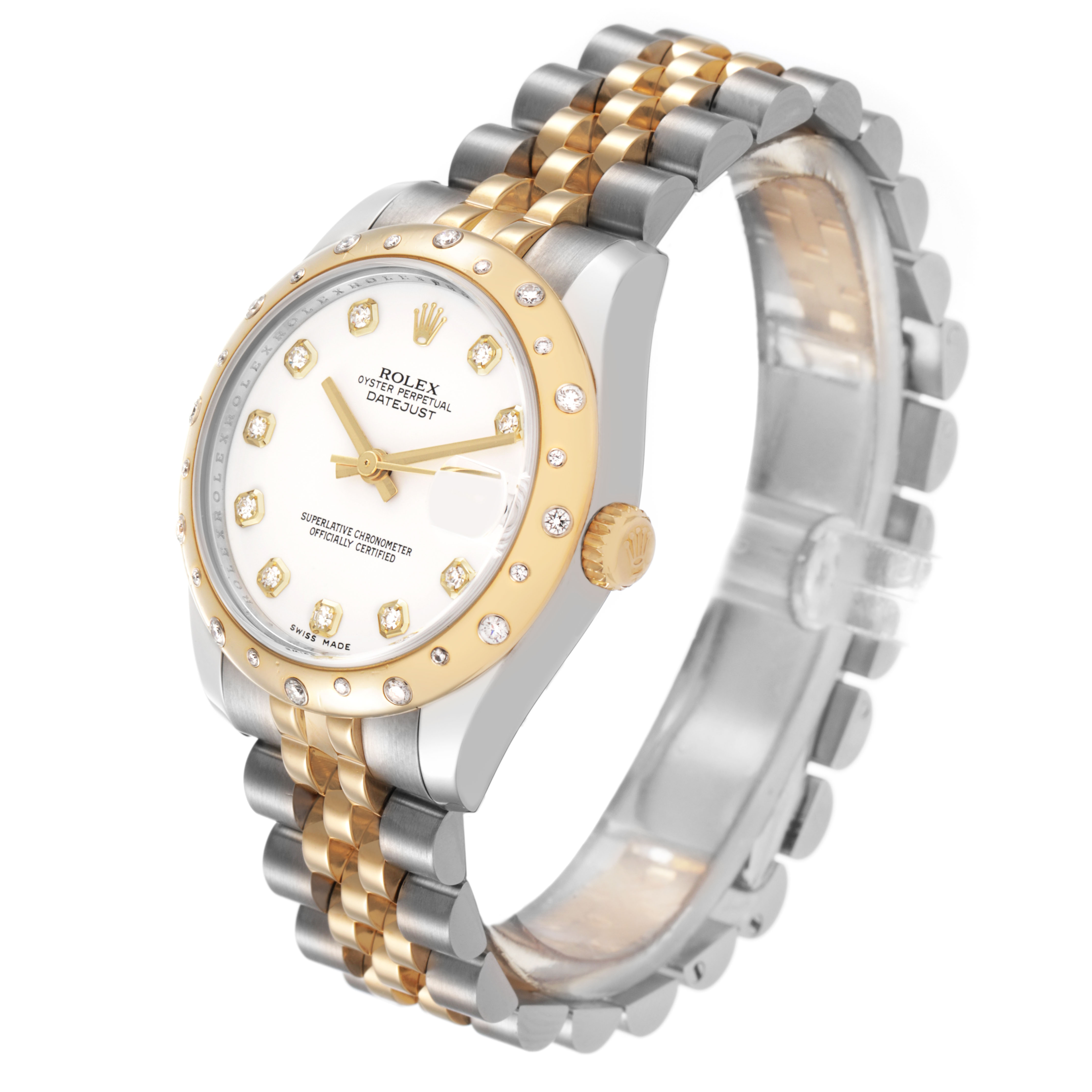 The Rolex Datejust 178343 Women's Steel and Gold (two tone) White Dial watch is shown at an angle displaying the face, bezel, crown, and bracelet.