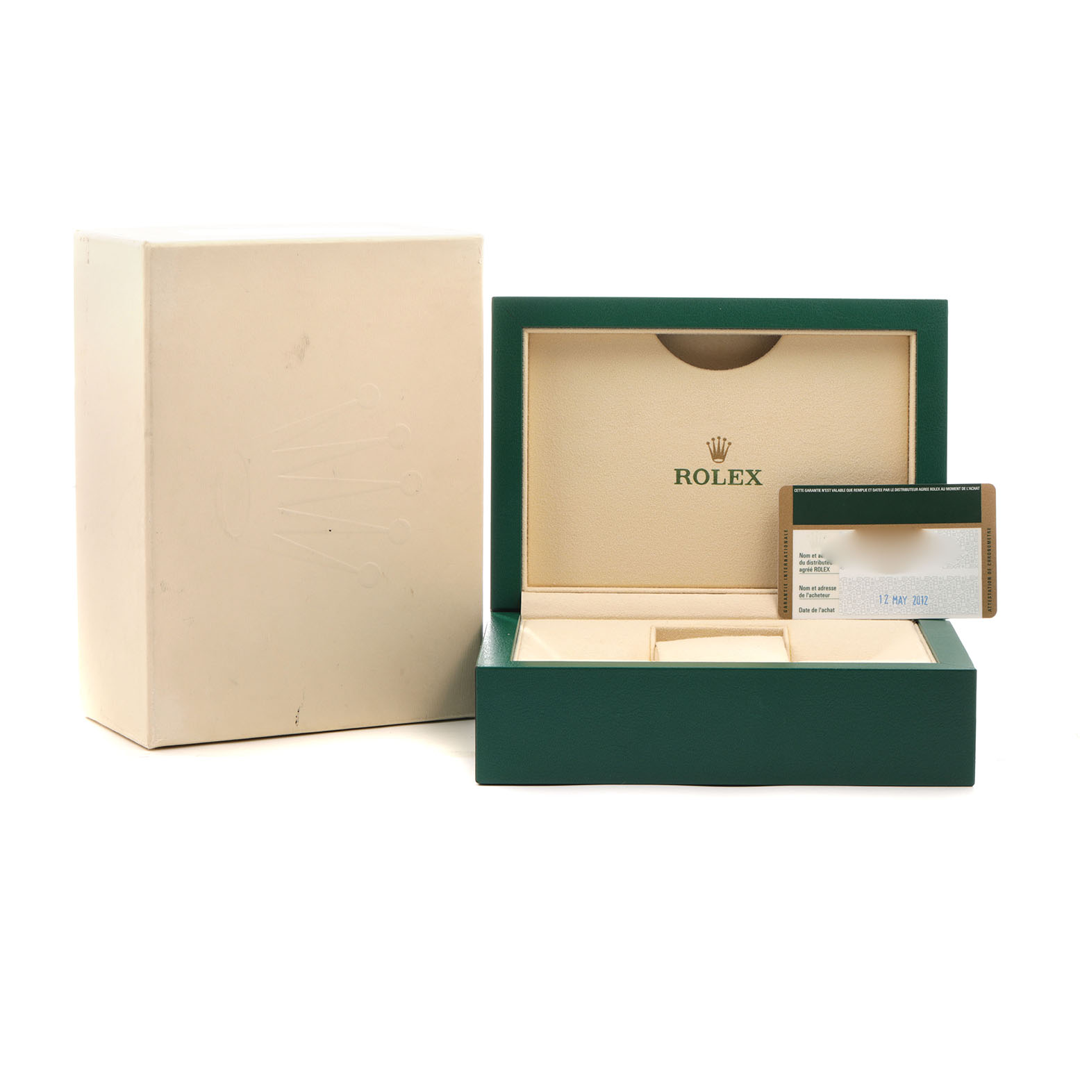 The image shows a Rolex Datejust 178343 Women's Steel and Gold (two tone) White Dial watch box, including an opened inner box and a warranty card, viewed from the front.