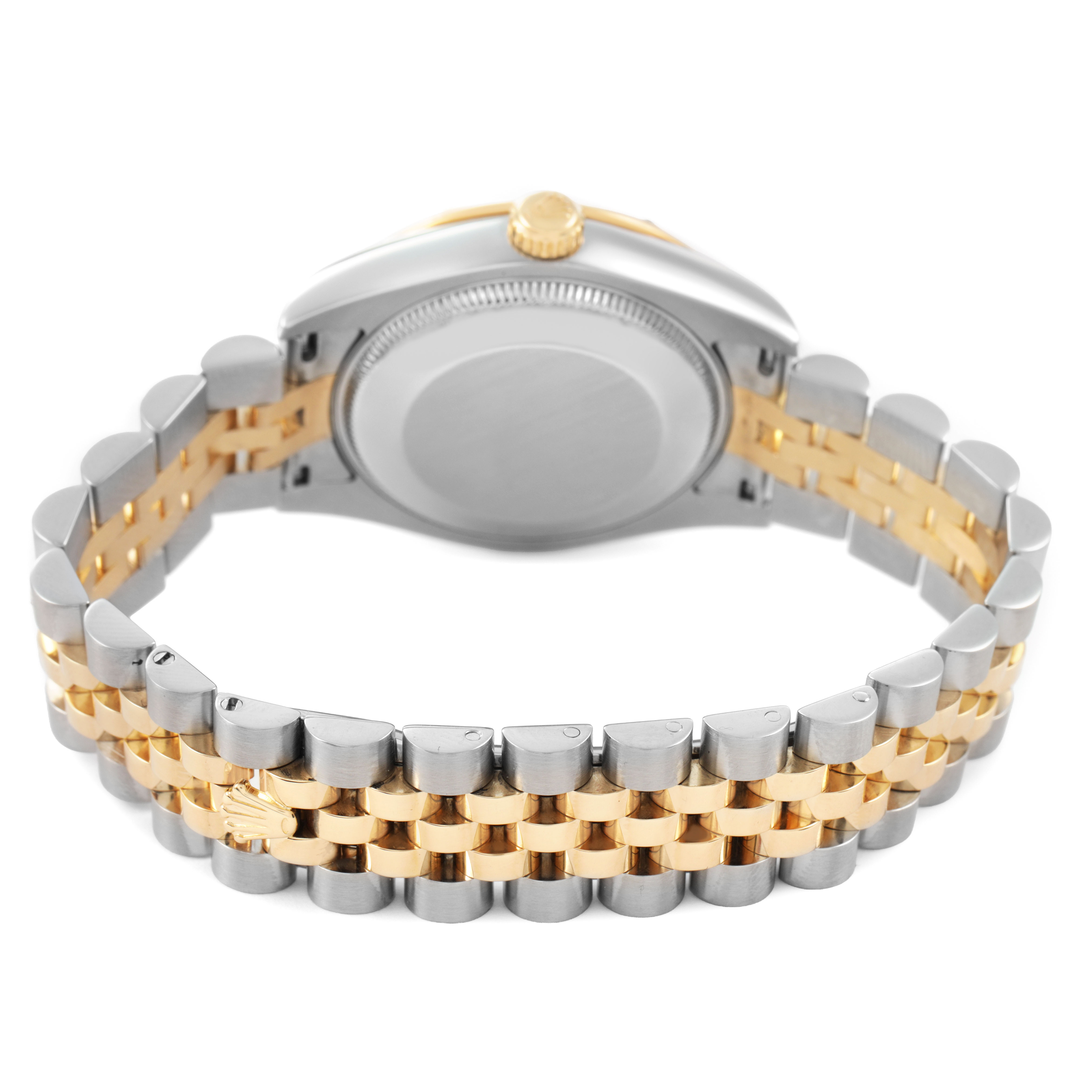 The image shows the back view of a Rolex Datejust 178343 Women's Steel and Gold (two tone) White Dial, highlighting the two-tone bracelet and the watch's case back.