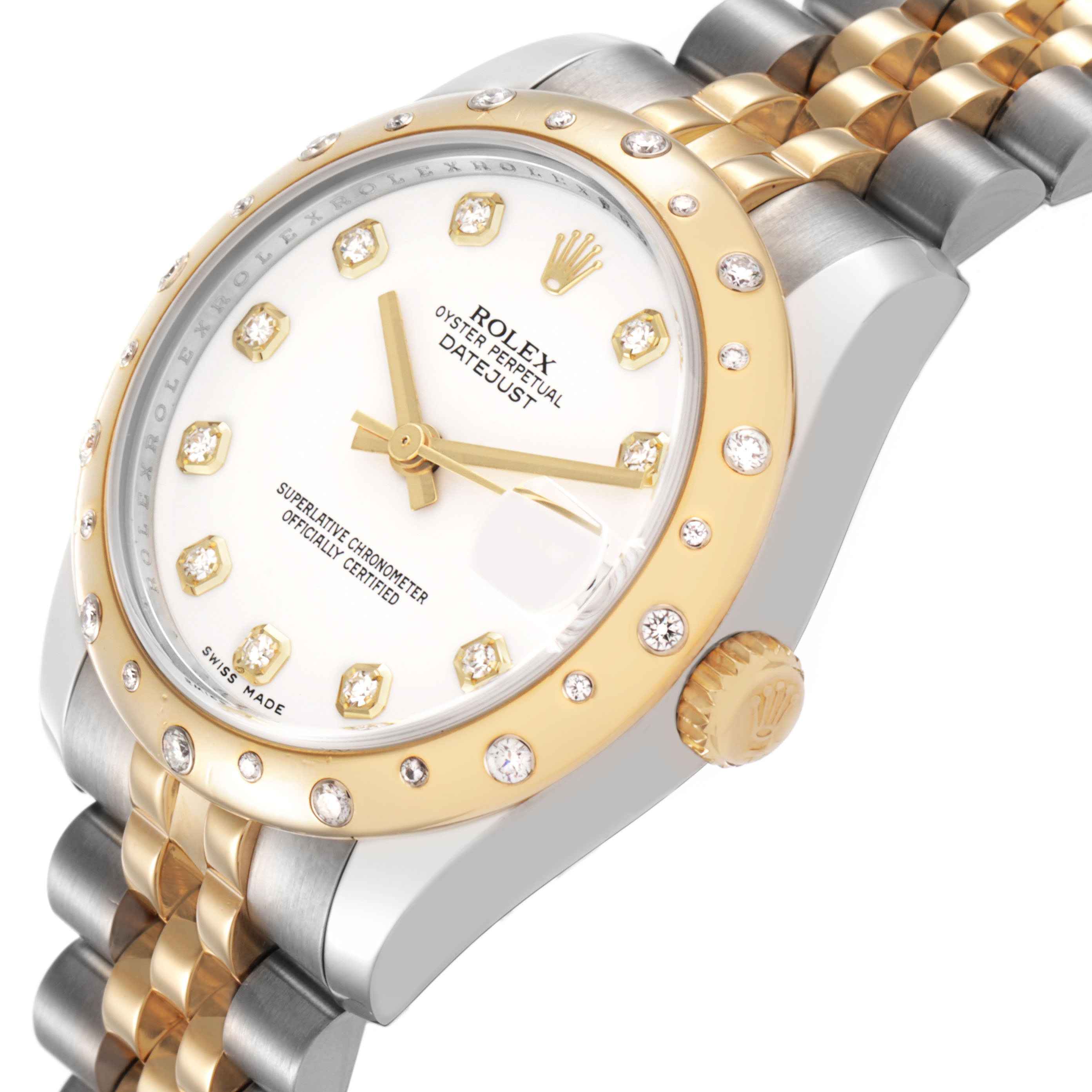 The Rolex Datejust 178343 Women's Steel and Gold (two tone) White Dial is shown at an angle highlighting the dial, bezel, crown, and a portion of the bracelet.