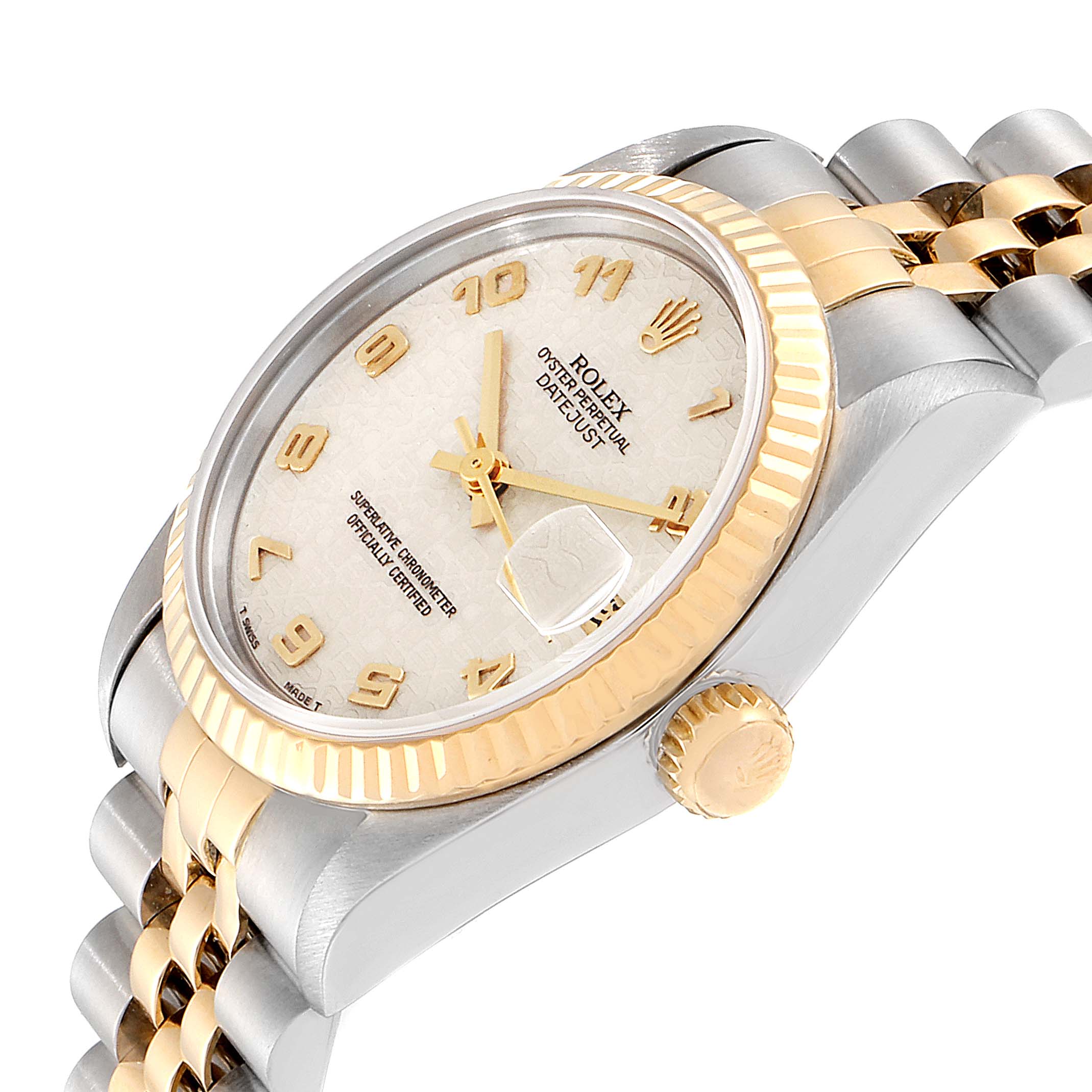 This image shows a side angle of a Rolex Mid-Size 68273 Women
s Steel and Gold (two tone) Beige Dial 68273 Women
s Steel and Gold (two tone) Beige Dial Oyster Perpetual Datejust watch, highlighting the dial, bezel, and crown.