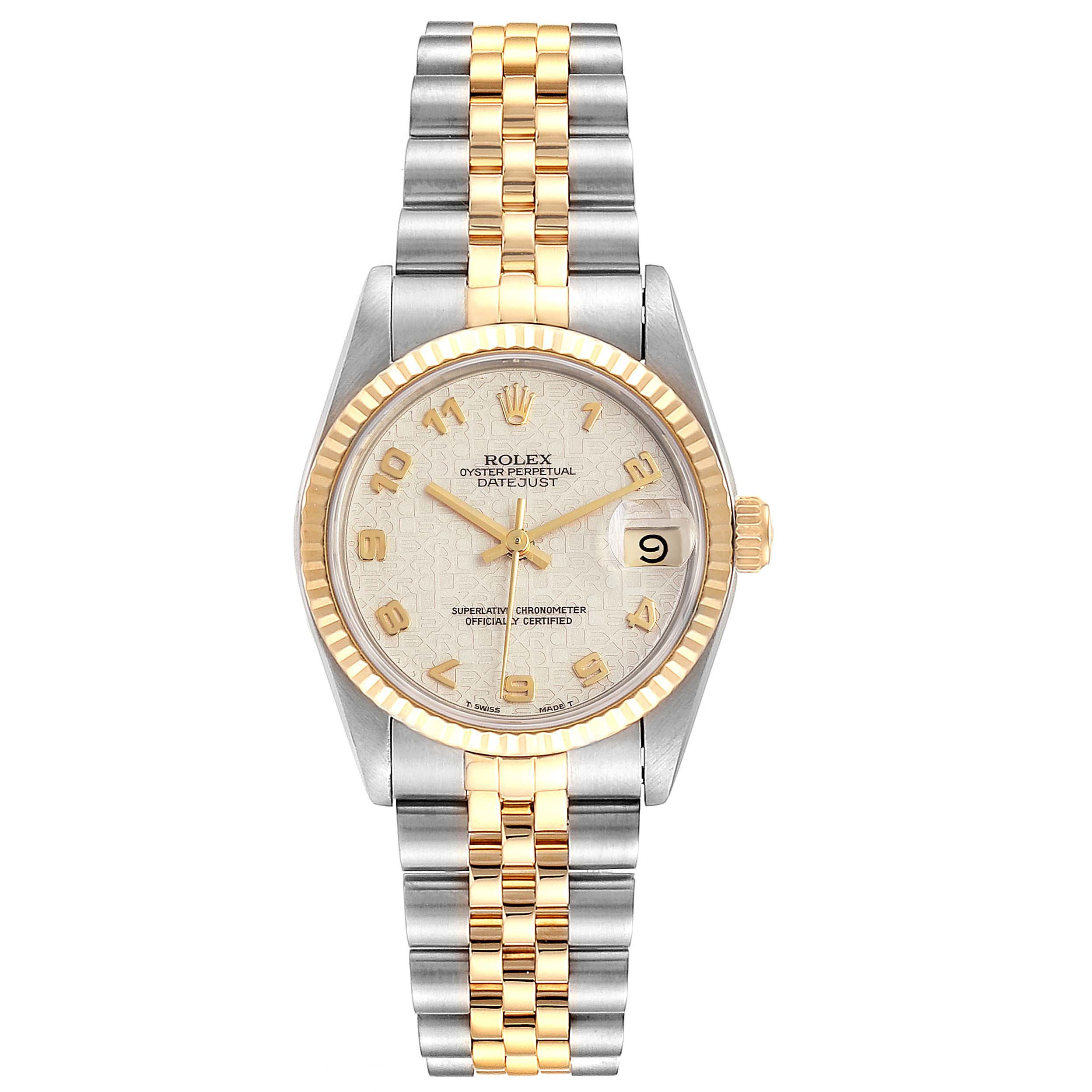 This image shows a front view of a Rolex Oyster Perpetual Datejust Mid-Size watch, highlighting the dial, case, and two-tone bracelet.