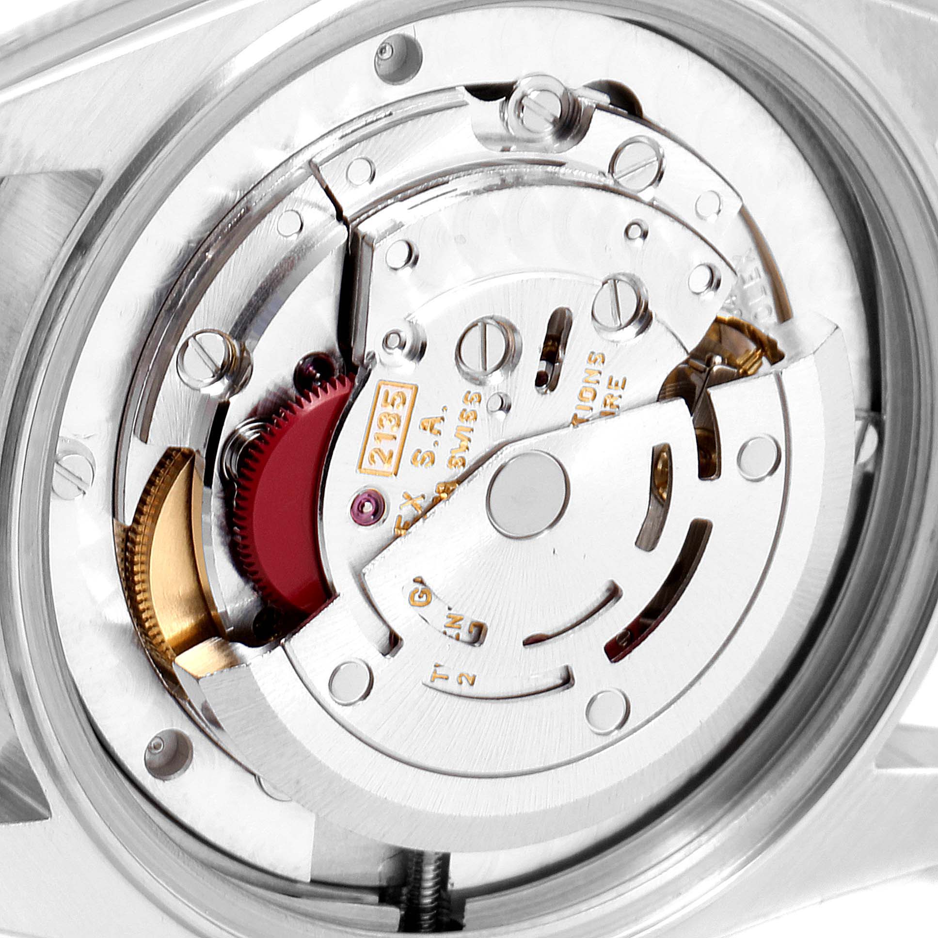 The image shows the inner mechanism of a Rolex Mid-Size 68273 Women
s Steel and Gold (two tone) Beige Dial 68273 Women
s Steel and Gold (two tone) Beige Dial model watch from a close-up, top-down angle.