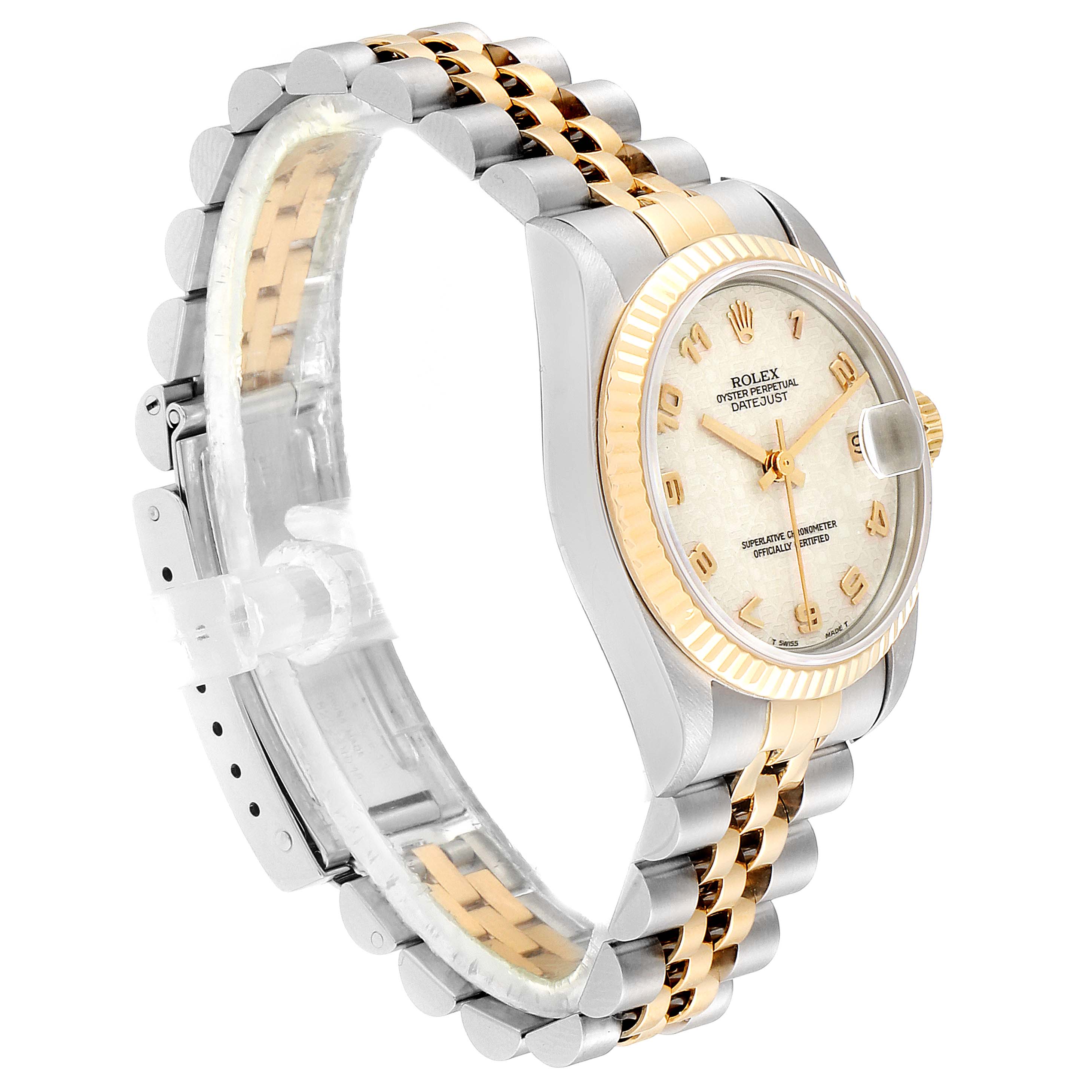 The image shows a side angle of a Rolex Datejust Mid-Size watch, highlighting its two-tone bracelet and dial face.