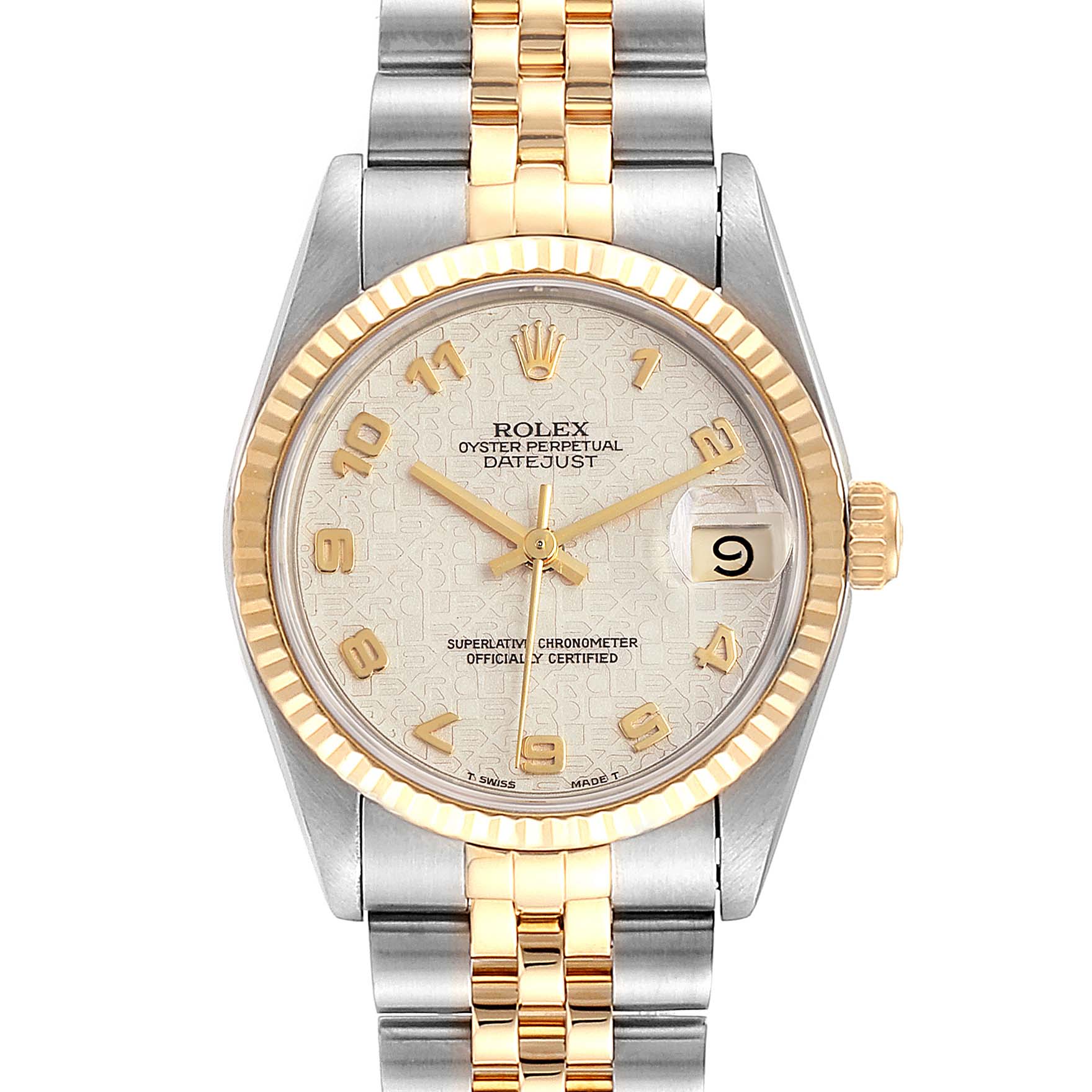 This image shows a front view of a Rolex Datejust Mid-Size watch with a two-tone gold and silver band and fluted bezel.