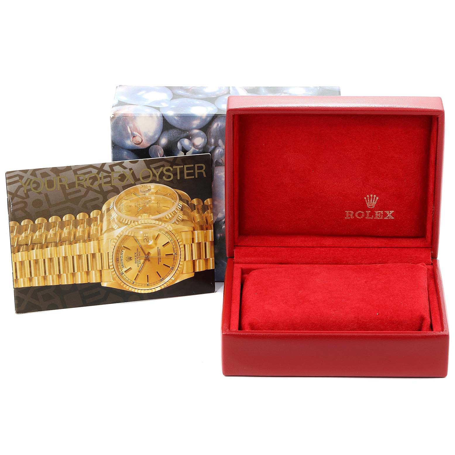 This image shows a Rolex Mid-Size 68273 Women
s Steel and Gold (two tone) Beige Dial 68273 Women
s Steel and Gold (two tone) Beige Dial watch box, an empty red watch case, and a brochure depicting the watch at an angle.